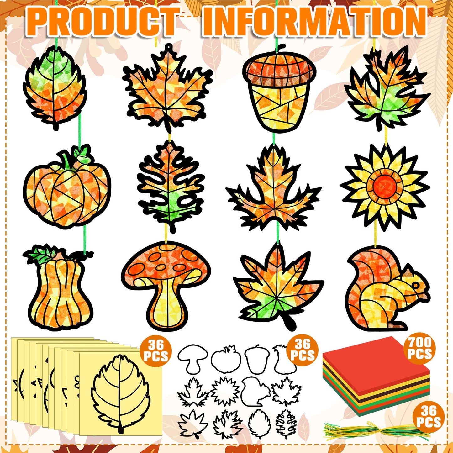 AmazingSpark 36 Set Thanksgiving Harvest Fall Suncatcher Paper Crafts Kit DIY Autumn Leaf Pumpkin Stained Glass Effect Tissue Paper Hanging Suncatchers Decor for Autumn Festival Art Party Supplies