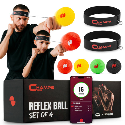 Champs MMA Boxing Reflex Ball Set with Punch Counter App– 4 Box Balls with Varying Weights, 2 Headbands and 4 Spare Strings to Improve Speed, Hand-Eye Coordination for Men, Reaction Ball Gift