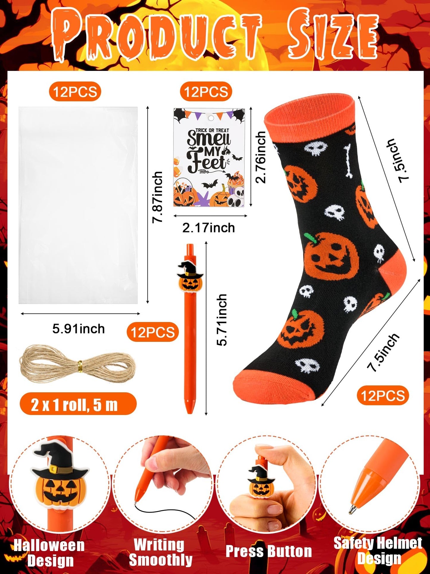 Chicingyou 12 Sets Halloween Socks and Pens Gifts Set Pumpkin Sock Halloween Ballpoint Pen Card Party Favor Bag for Holiday