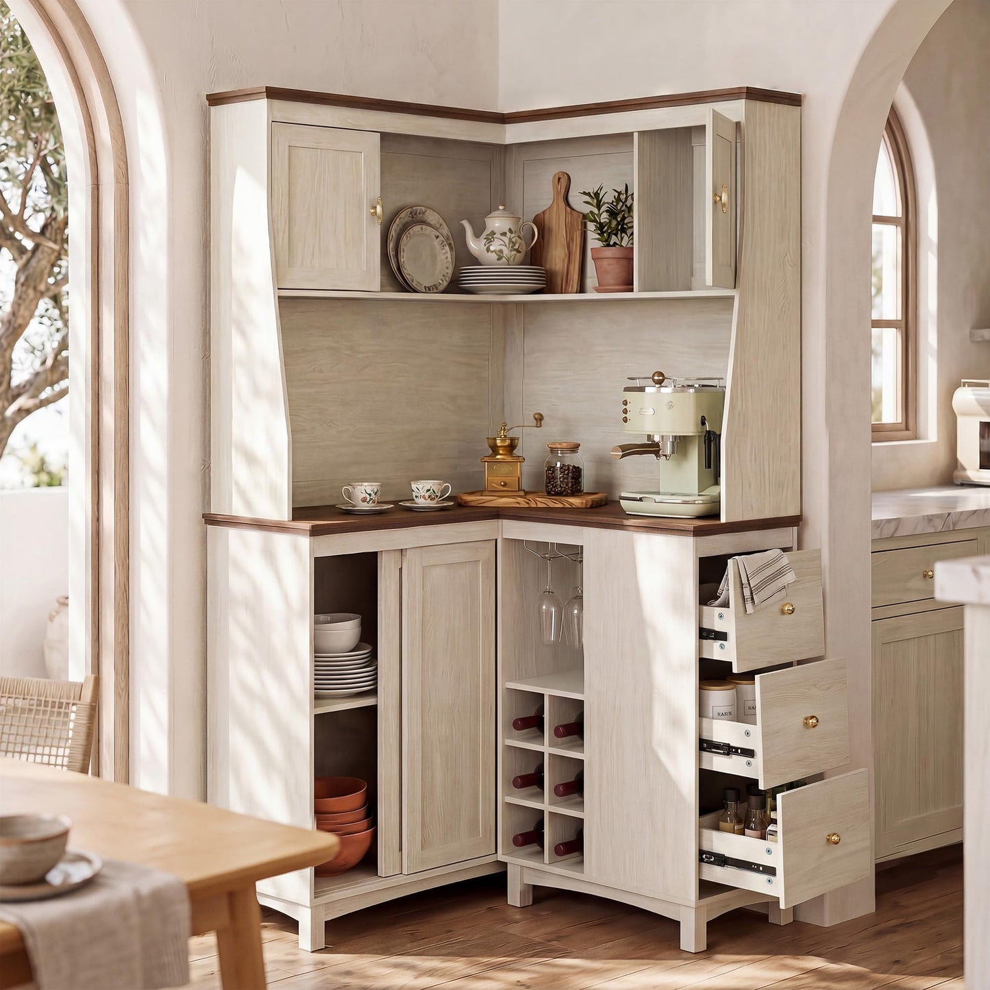 STO’Sense 71" Tall Corner Cabinet w/Charging Station,L-Shaped Kitchen Pantry Storage Cabinet w/3 Drawers,Countertop,Wine Rack,Shelves,Glass Holder&Sliding Door, Large Microwave Stand Hutch, Antique