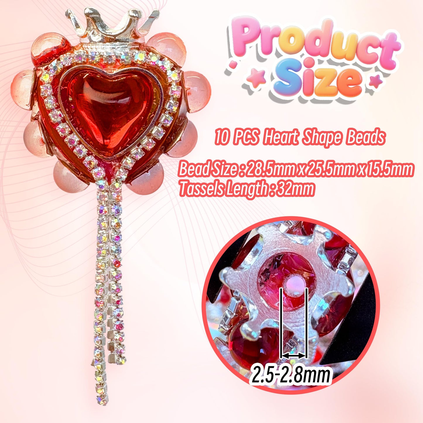 10pcs Rhinestone Focal Beads for Pens, Sparkling Heart-Shaped Designs with Tassels, Fancy Beads for DIY Jewelry Making Keychains Crafts Holiday Decorations (Heart-Shape-Focal Beads)