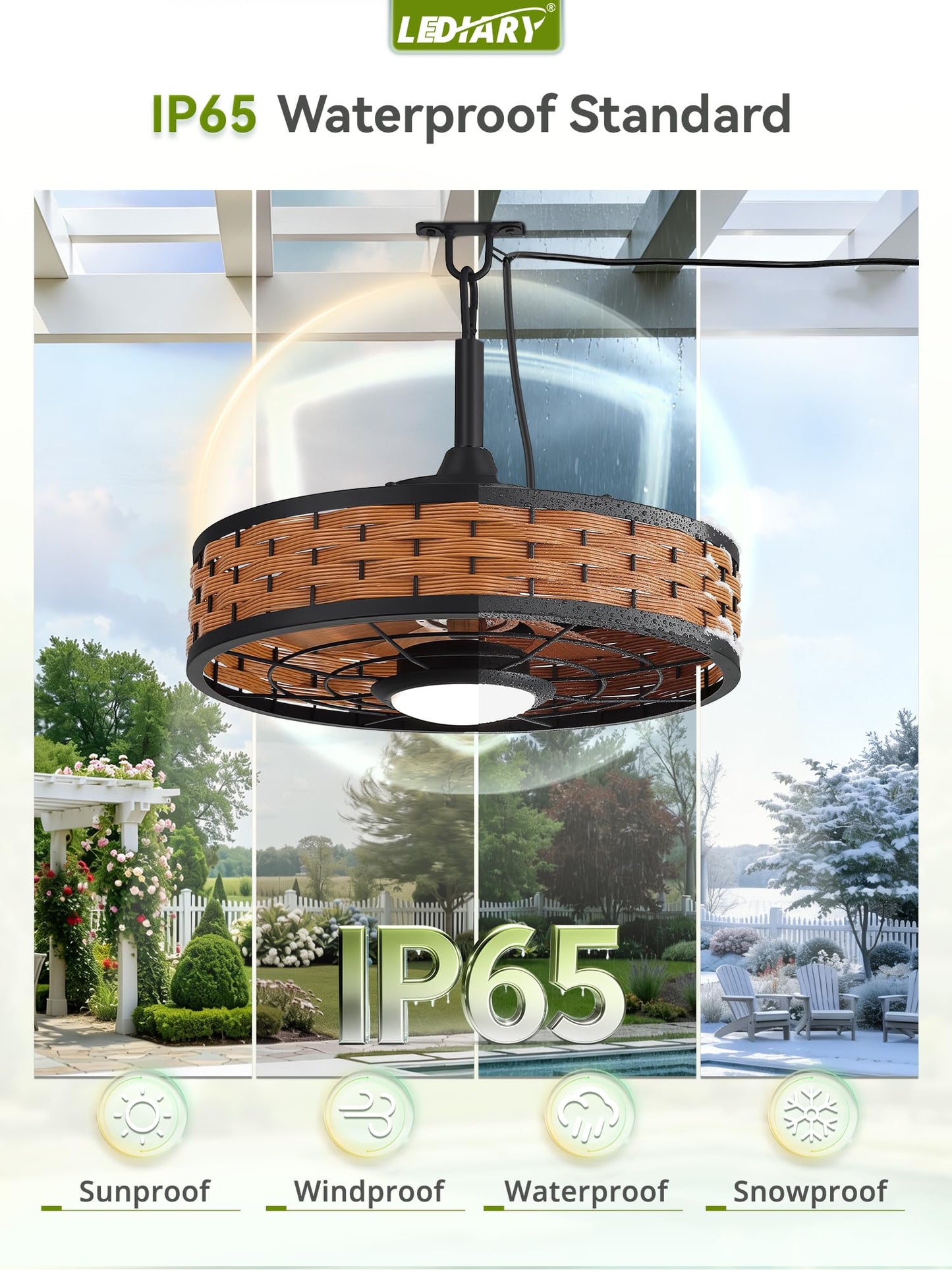 LEDIARY 20" Outdoor Ceiling Fans with Light for Patios, IP65 Waterproof Gazebo Fan, Boho Rattan Plug in Ceiling Fan Remote&APP Control, 3CCT Dimmable, 6-Speeds, Caged Fan for Gazebo,Patio,Porch