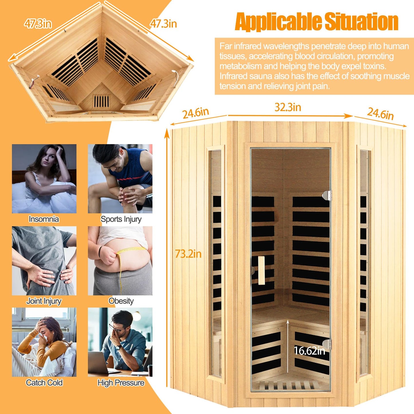 Far Infrared Sauna, 2-3 Person infrared sauna for home, Indoor Home Sauna Canadian Hemlock Wooden Sauna Dry Sauna with 7 Low EMF Heating Panels, Bluetooth Speakers, LED Reading Lights, 1670W