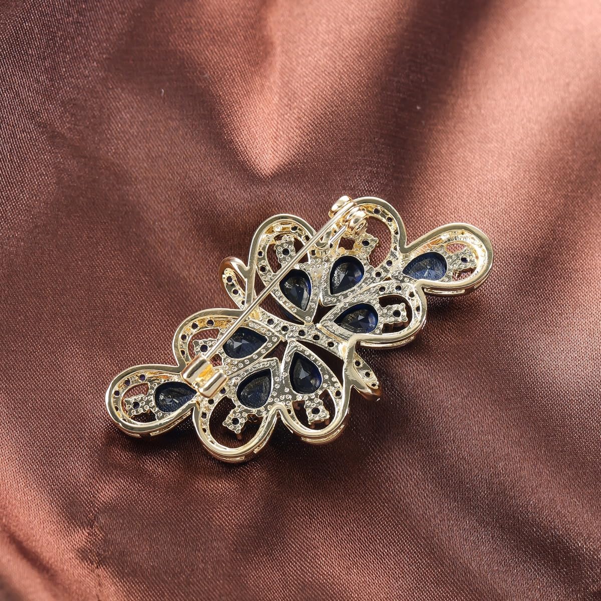 YOQUCOL Vintage Dark Blue Zircon Crystal Rhinestone Bowknot Shape Brooch Pin For Women Golden Tone