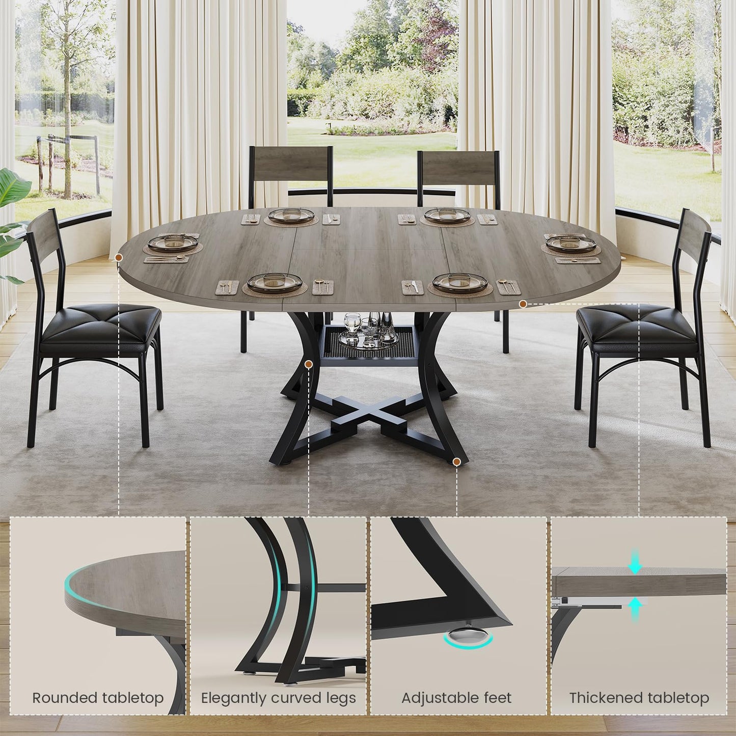 Itaar Round Extendable Dining Table Set for 4-6 People, 5-Piece Kitchen Table Set with 4 Cushion Chairs, Dining Room Table for 6 with MDF Board & Metal Frame for Small Space, Easy Clean, Grey