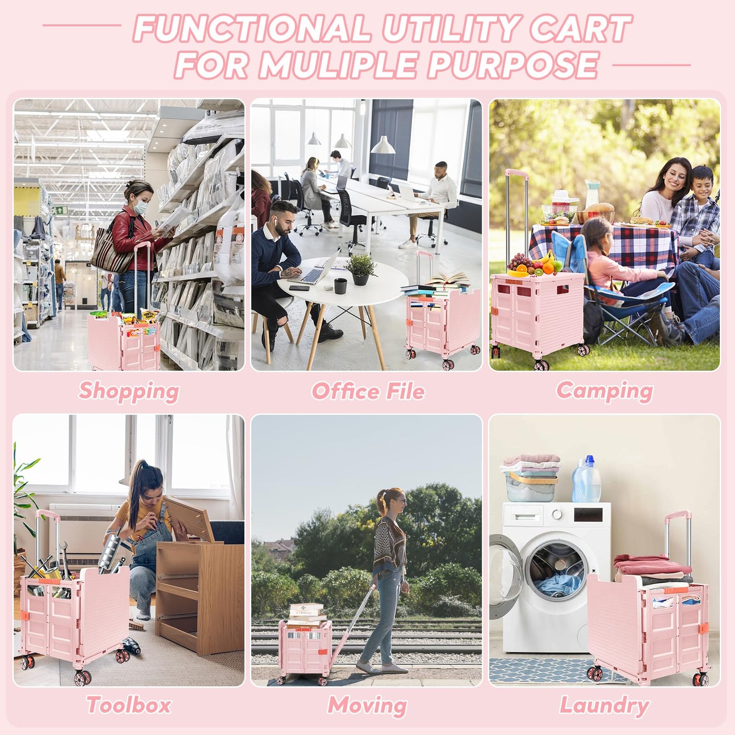 FELICON SELORSS Folding Utility Cart Rolling Crate Tote Basket Box Storage Handcart on 4 Swivel Wheels with Adjustable Handle Extended Magnetic Lid for Teacher Move Shop Travel Grocery Office(Pink)