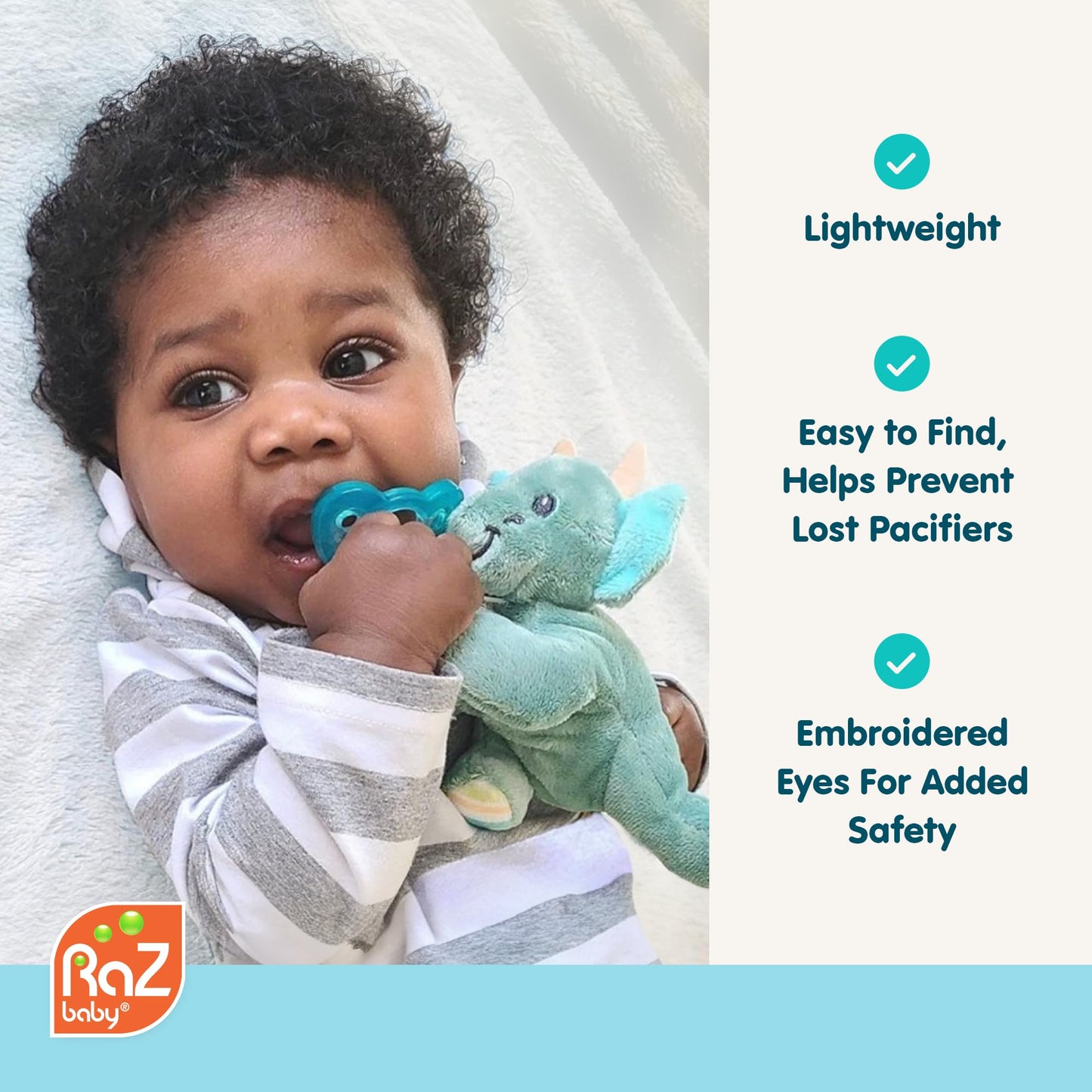 RaZbaby JollyPop Pacifier, Holder w/Detachable Baby Pacifier, Stuffed Animal RaZbuddy, All Ages 0M+, 100% Medical Grade USA Made Silicone, Machine Washable, Textured & Easy to Hold – Monkey