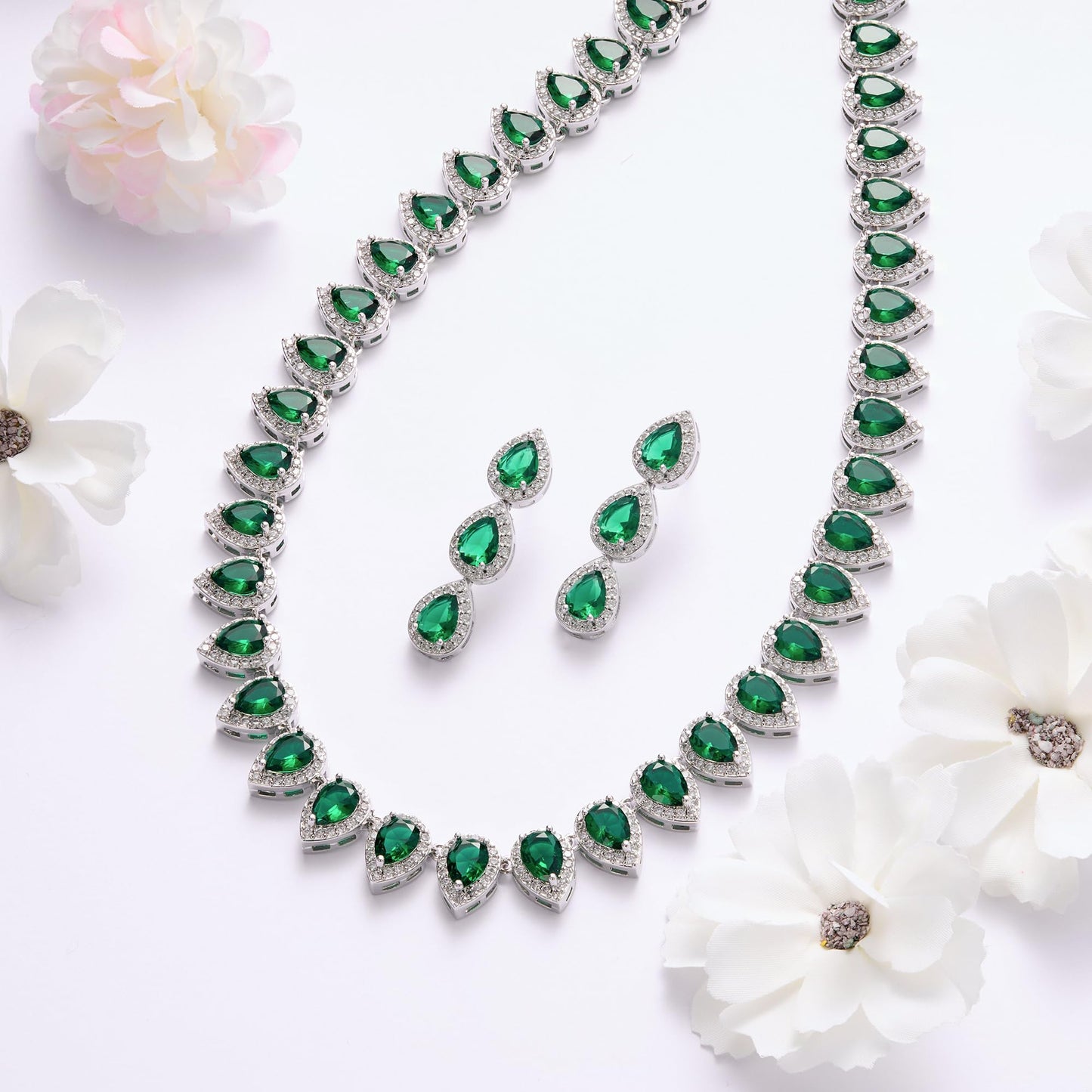 EleQueen Women's Wedding Bridal Full Prong Cubic Zirconia Teardrop Necklace Earrings Set for Brides Bridesmaids Emerald Color