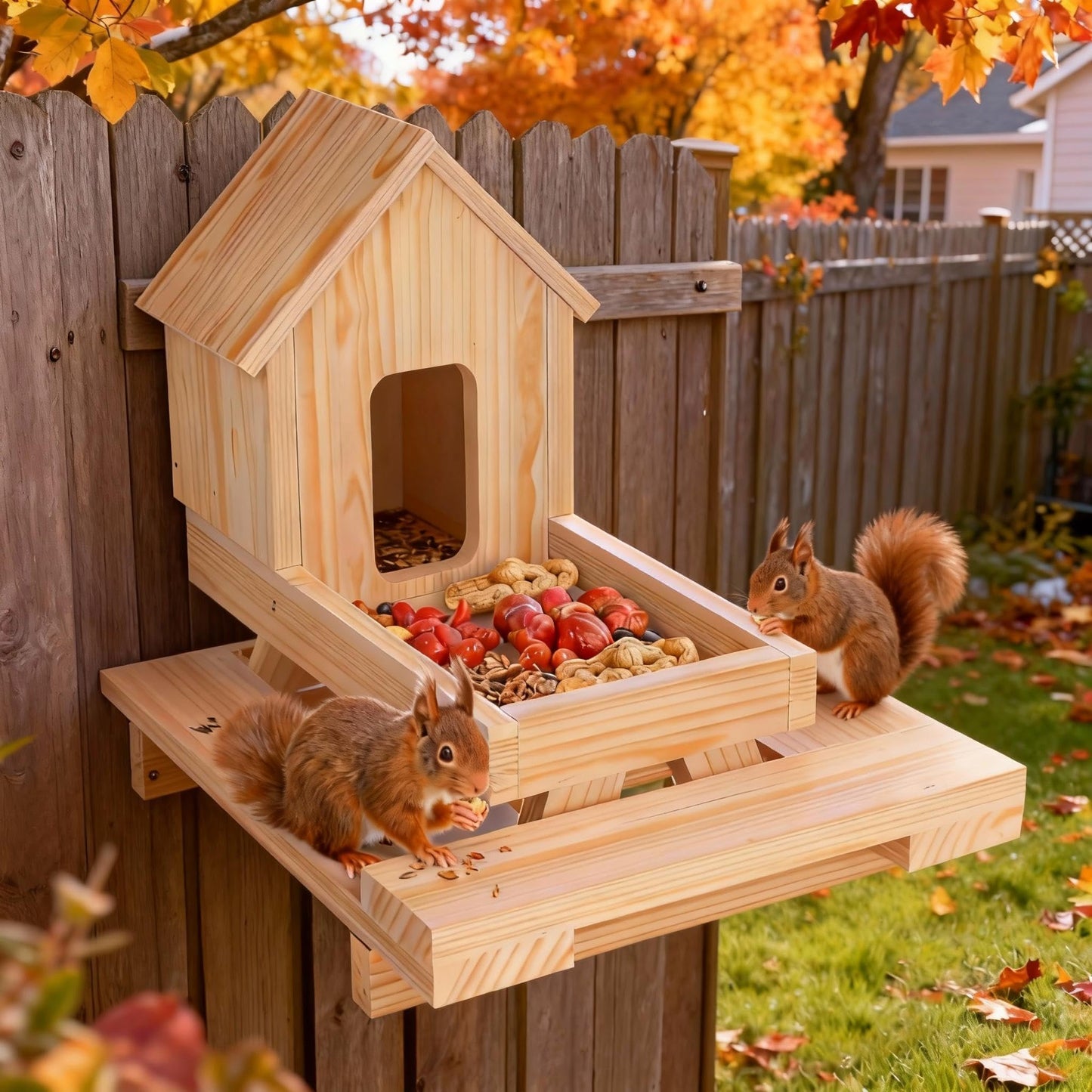 Wooden Squirrel Feeder, Squirrel Picnic Table Feeder with Corn Cob Holder, Squirrel Feeders for Outside Backyard
