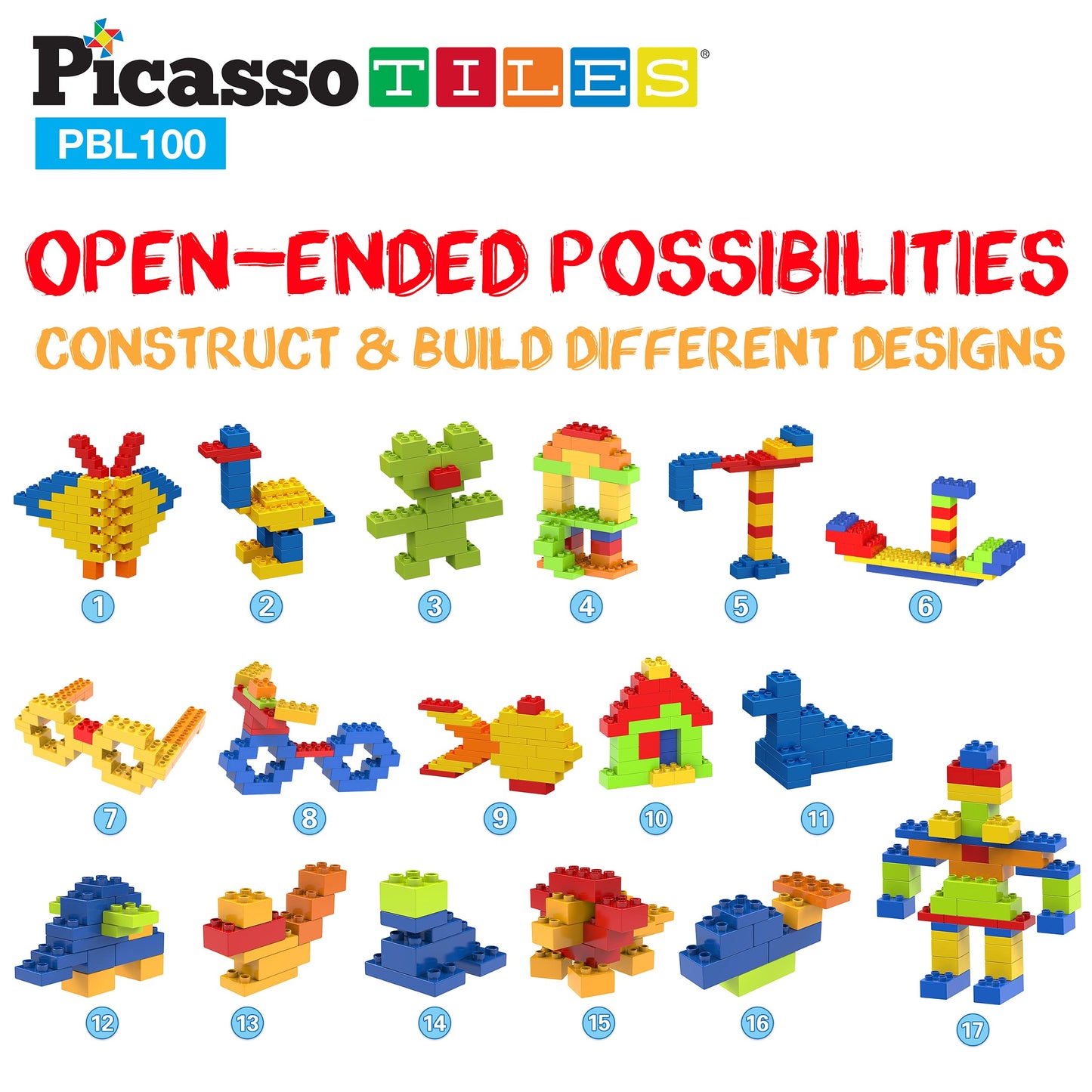 PicassoTiles 100 Piece Large Construction Brick Building Blocks STEM Bricks Toy Set Creative Learning Early Education Playset 5 Colors 4 Unique Shapes Mix & Match Toys for Kids Boys Girls Child Age 3+