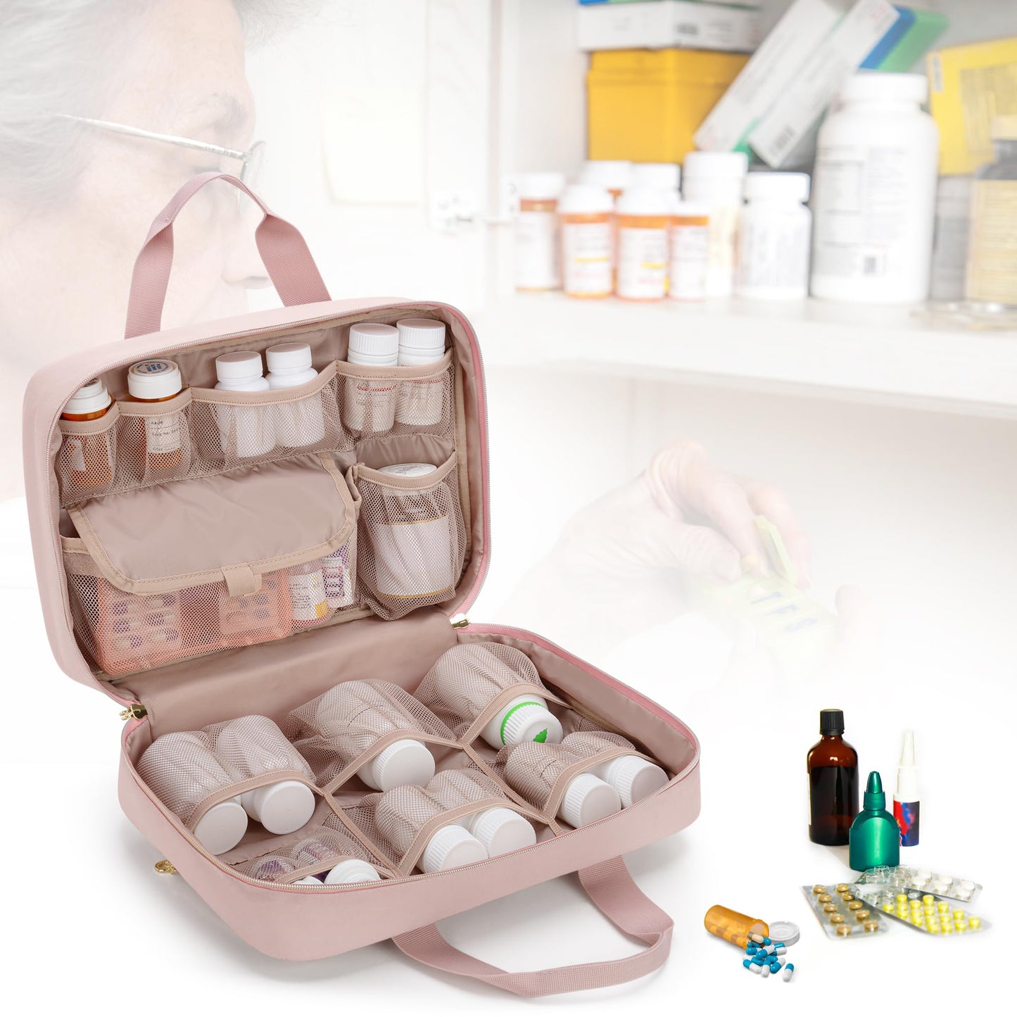 Damero Medicine Organizer, Pill Bottles Storage Travel Bag for Prescription Medication, Medical Supplies - Misty Rose