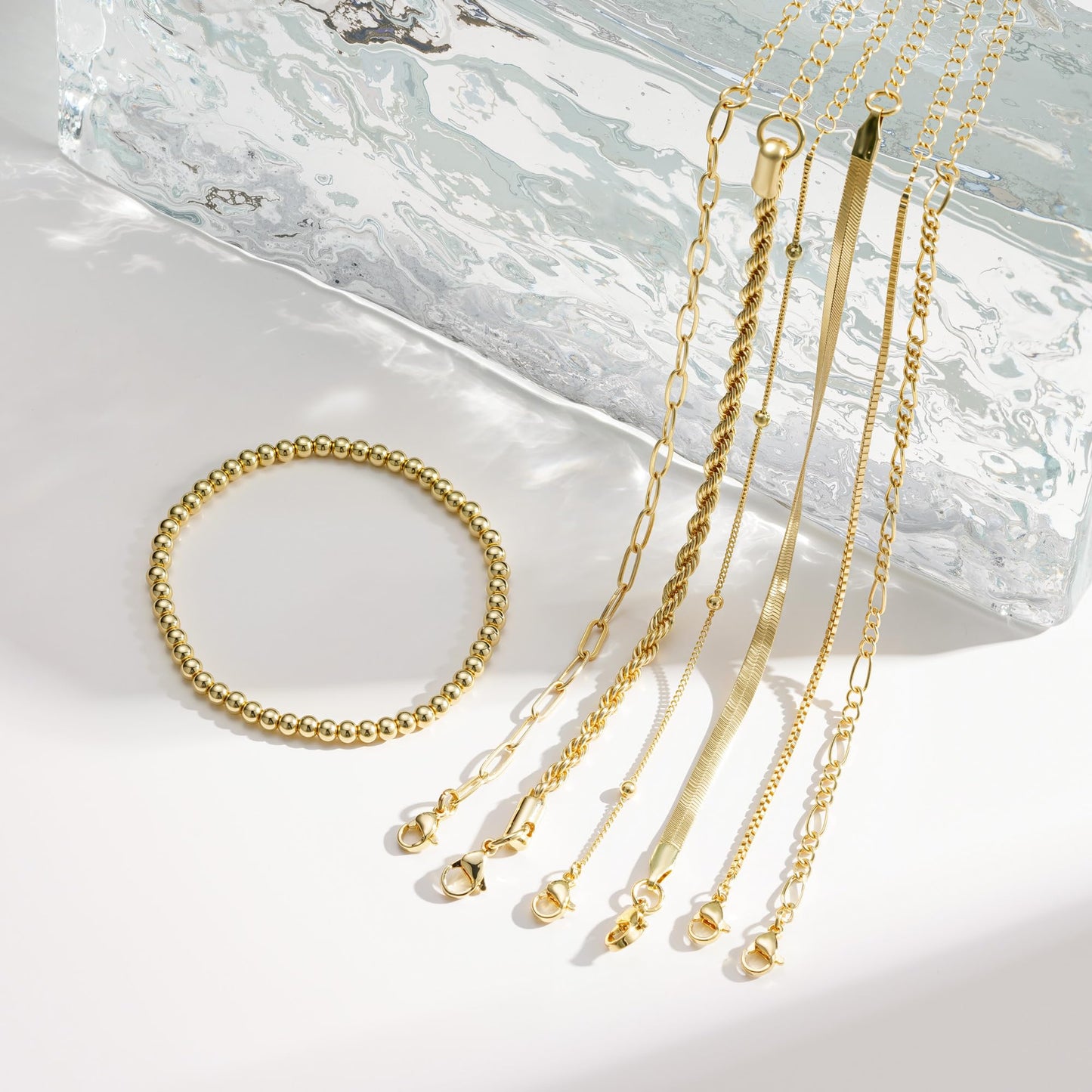 M MOOHAM Gold Bracelets for Women - Dainty 14K Gold Plated Beaded Bracelet Stack Paperclip Snake Rope Figaro Box Satellite Chain Bracelets for Women Non Tarnish, Jewelry Gifts for Women Her