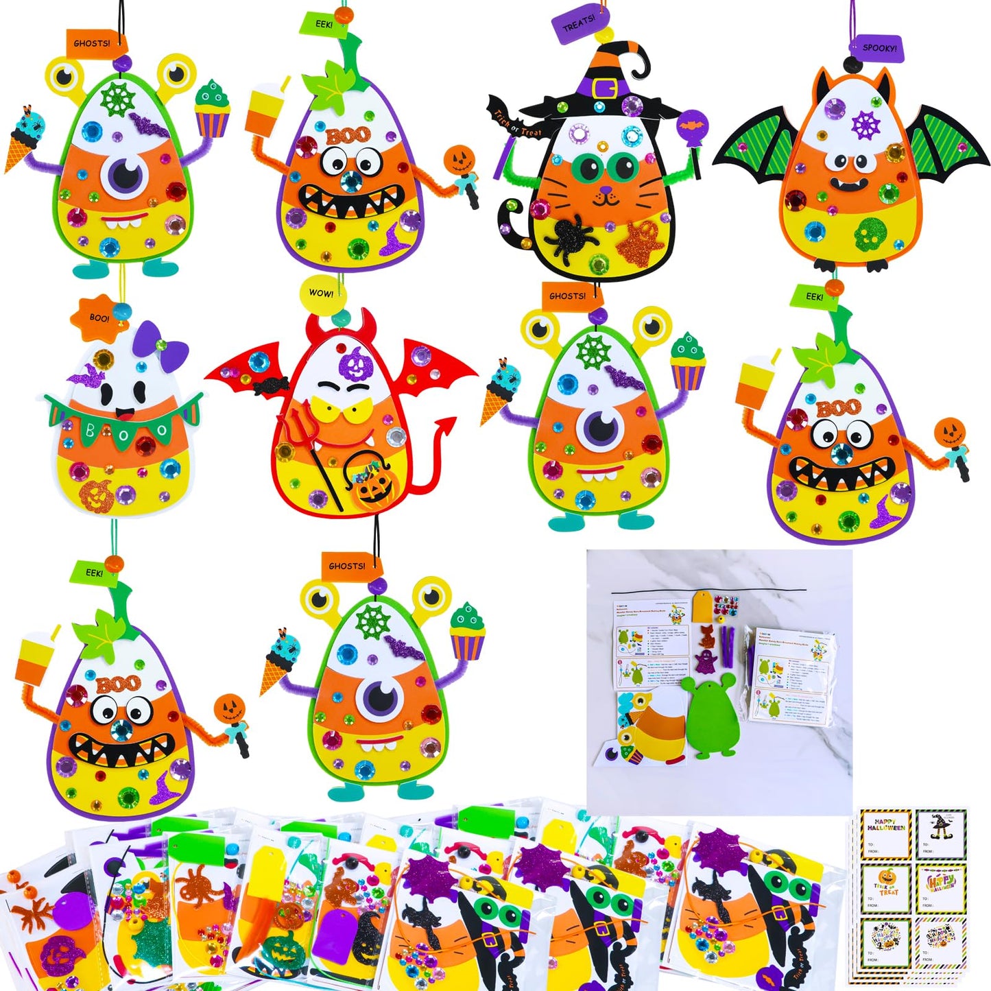 Winlyn 24 Sets Halloween Craft Kits for Kids - Ghost Monster Candy Corn Foam Individual Craft Kits - Arts and Crafts for Kids - Home Classroom Activities - Party Favors for Trick-Or-Treaters