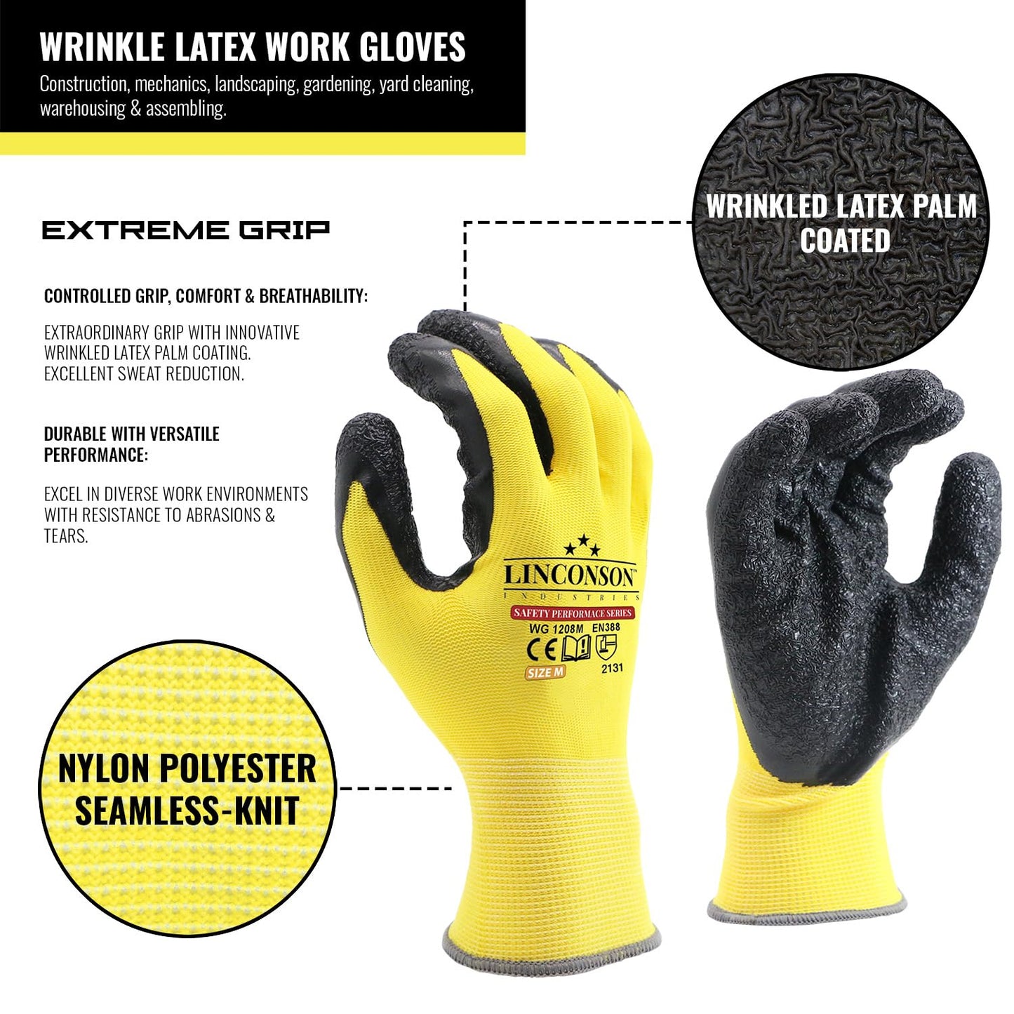 linconson 12 Pack Safety Performance Series Construction Mechanics Wrinkle Latex Work Gloves