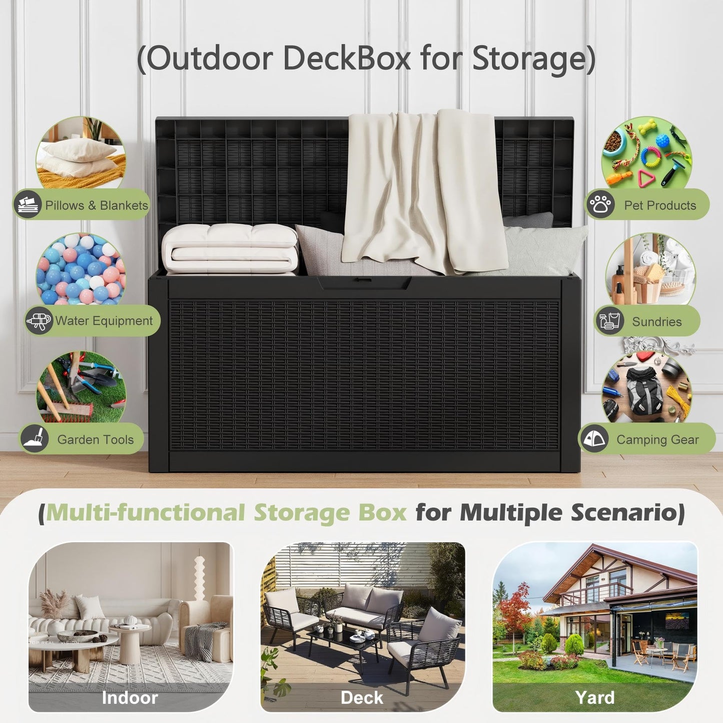 WTFGO 72 Gallon Outdoor Storage Box, Resin Deck Boxes Outdoor Waterproof For Patio Furniture, Garden Tools, Pool Supplies, Lockable And UV Resistant (Rattan Black)