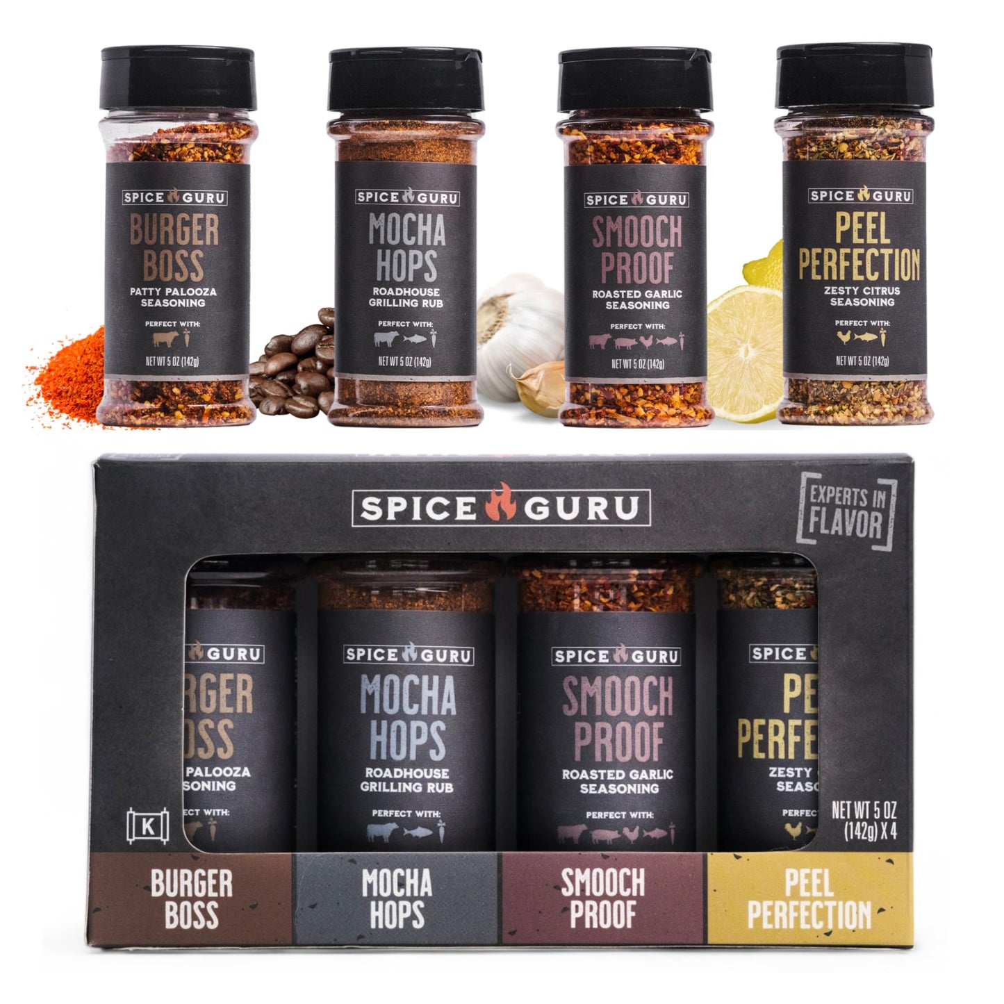 Spice Guru Grill Seasoning Gift Set - 4 Flavor BBQ Seasonings and Rubs - Christmas Gifts for Men Who Cook - BBQ Rub Gift Set - Christmas Grilling Gifts for Men - Gifts for Dad - Gifts for Him