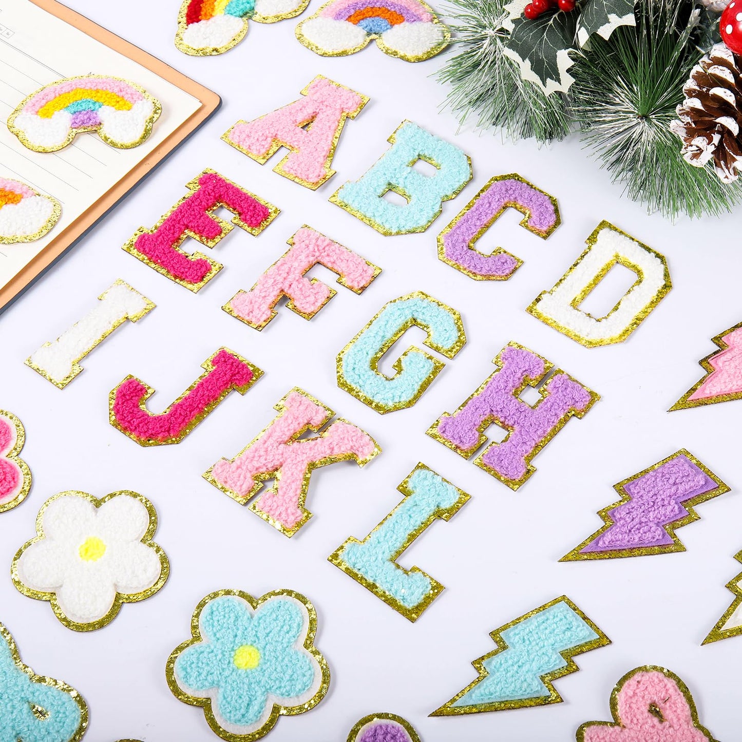 72 Pcs Preppy Chenille Patches Self Adhesive for DIY Clothing,Include 52 A-Z Chenille Letter Patches Stick on,20 Rainbow Flower Lighting Bowknot Embroidered Stickers Patches for Backpacks Bags Hats
