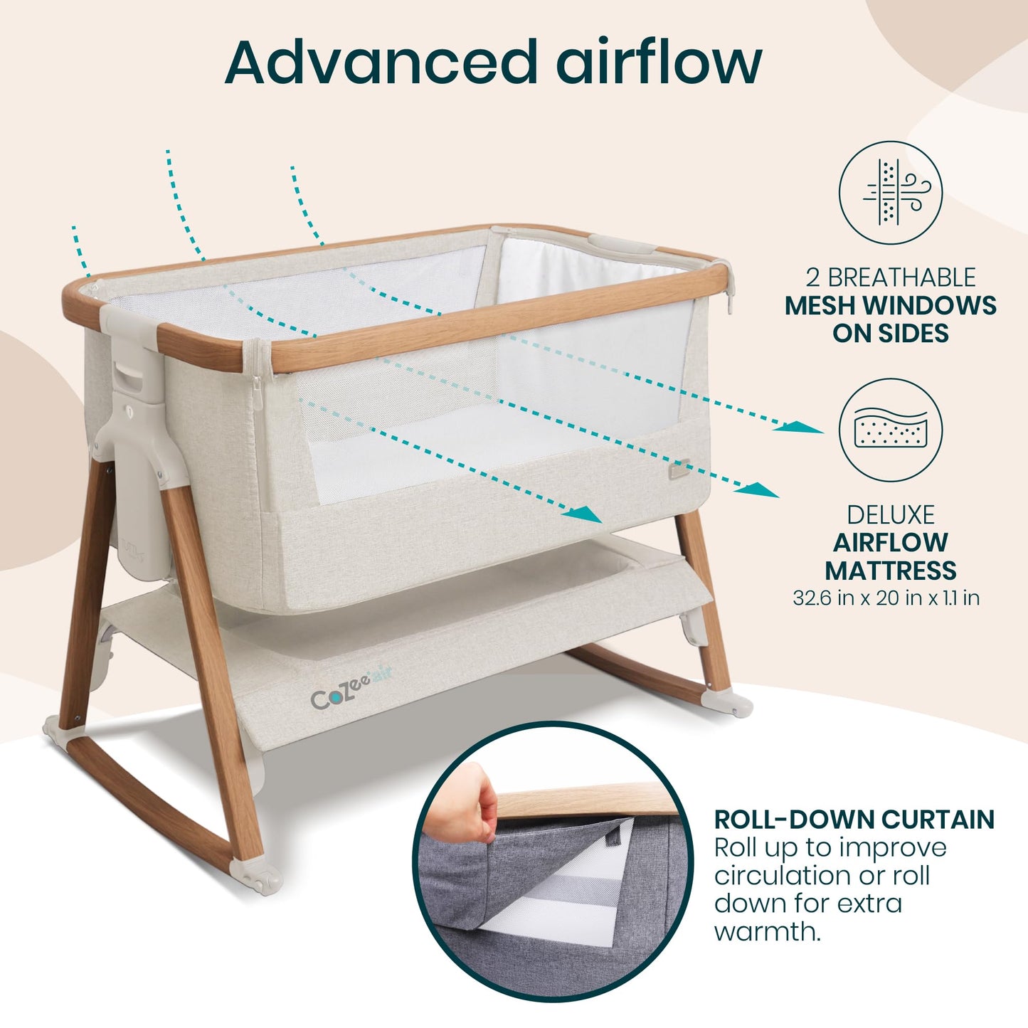 Tutti Bambini CoZee® Air Baby Bassinet & Bedside Sleeper - Rocking Bassinet for Baby, Fast-Folding with Travel Bag, Deluxe Airflow Mattress & 6 Mattress Heights, 0-6 Months (Walnut & Ecru)