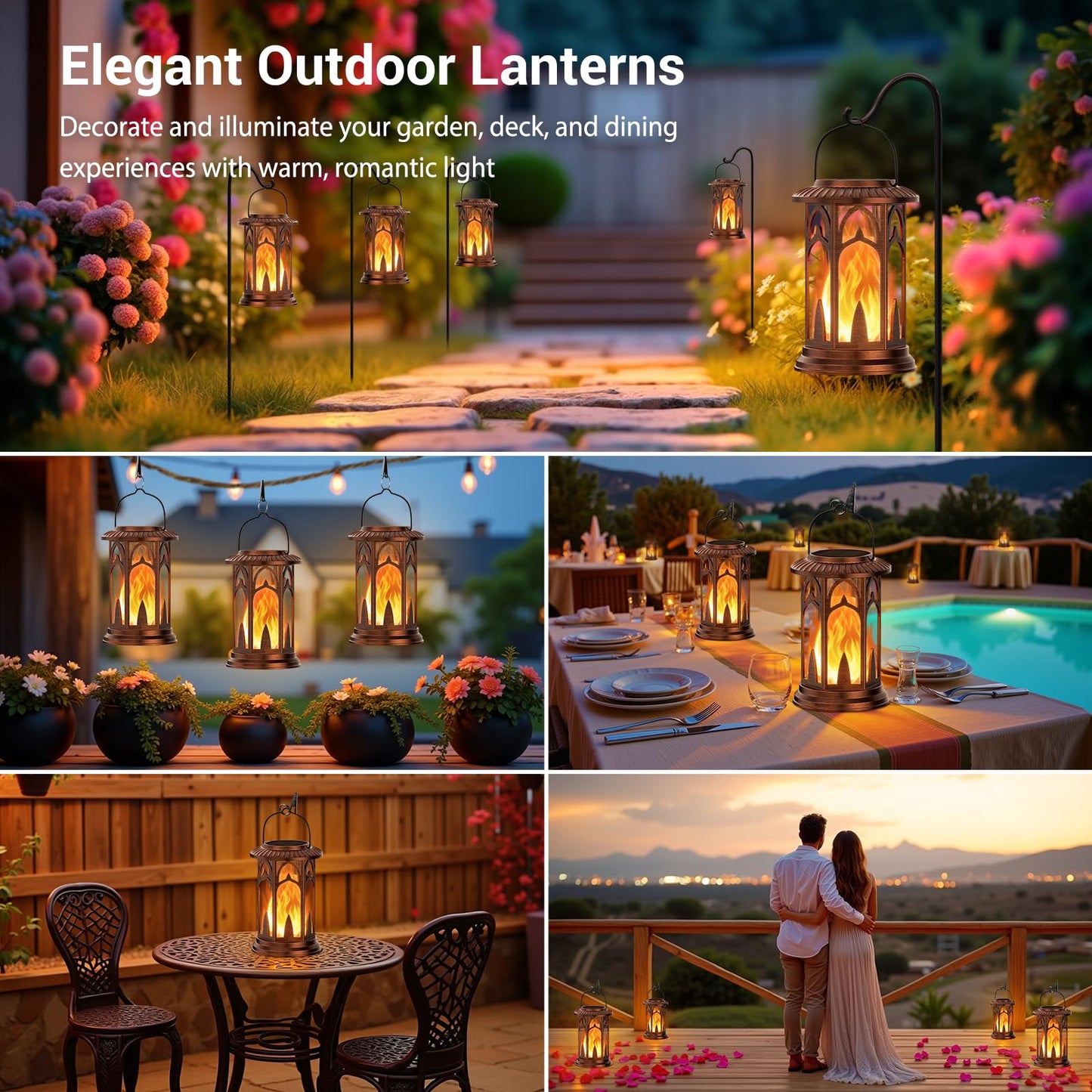 KOOPER Taller Solar Lanterns Outdoor Waterproof Hanging Solar Lantern Lights, 2Pack Upgraded Flickering Flame Lanterns Decorative Outdoor, Battery & Solar Powered lantern for Garden Yard Decor, Bronze