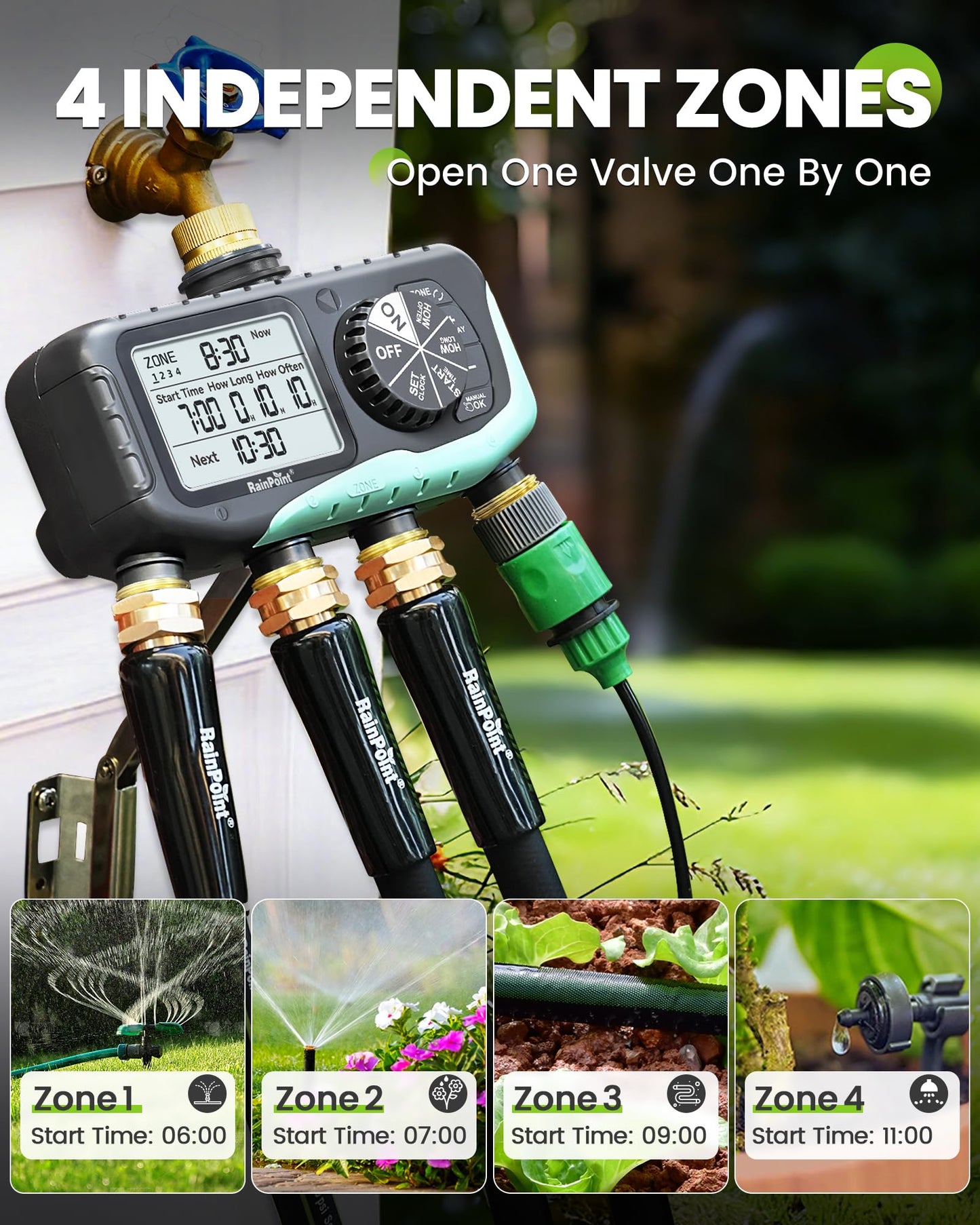 RAINPOINT Sprinkler Timer 4 Zone, Water Timer for Programmable, for Soaker Hose with Rain Delay/Manual/Automatic Watering System, Digital Irrigation for Yard, Lawn