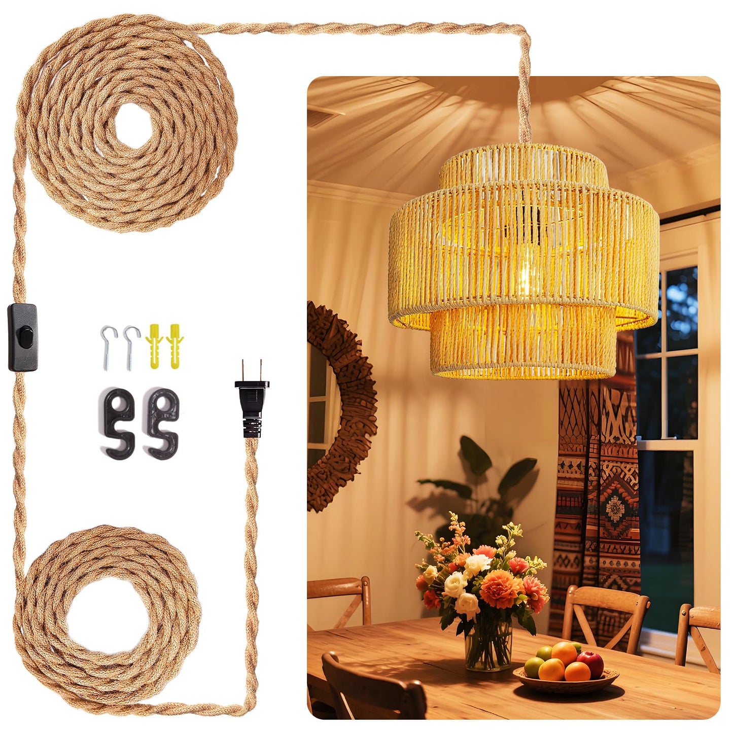 Maliralt Hanging Lamps Rattan Pendant Light - 16.4ft Plug in Cord Hanging Light Fixture Plug Into Wall Outlet Pendant Lighting with On Off Switch for Bedroom Living (Lantern Shade)