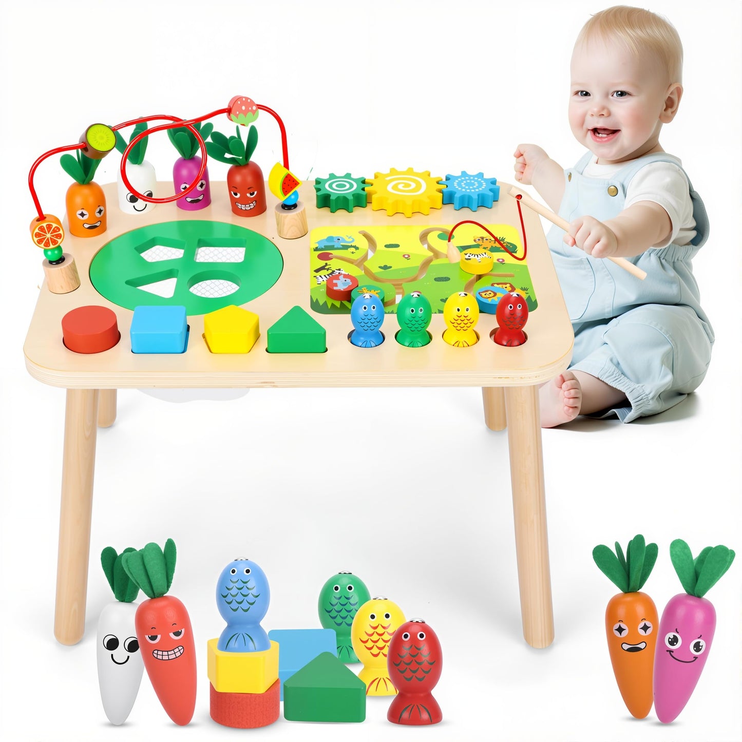 HEYLANDU Activity Table, Montessori Toys for 1 2 Year Old Girls Boy Gifts, 7 in 1 Wooden Sensory Play Table for Toddler 1 2 3, Learning Toys for Baby 12-18 Months 1st Christmas Birthday Gifts