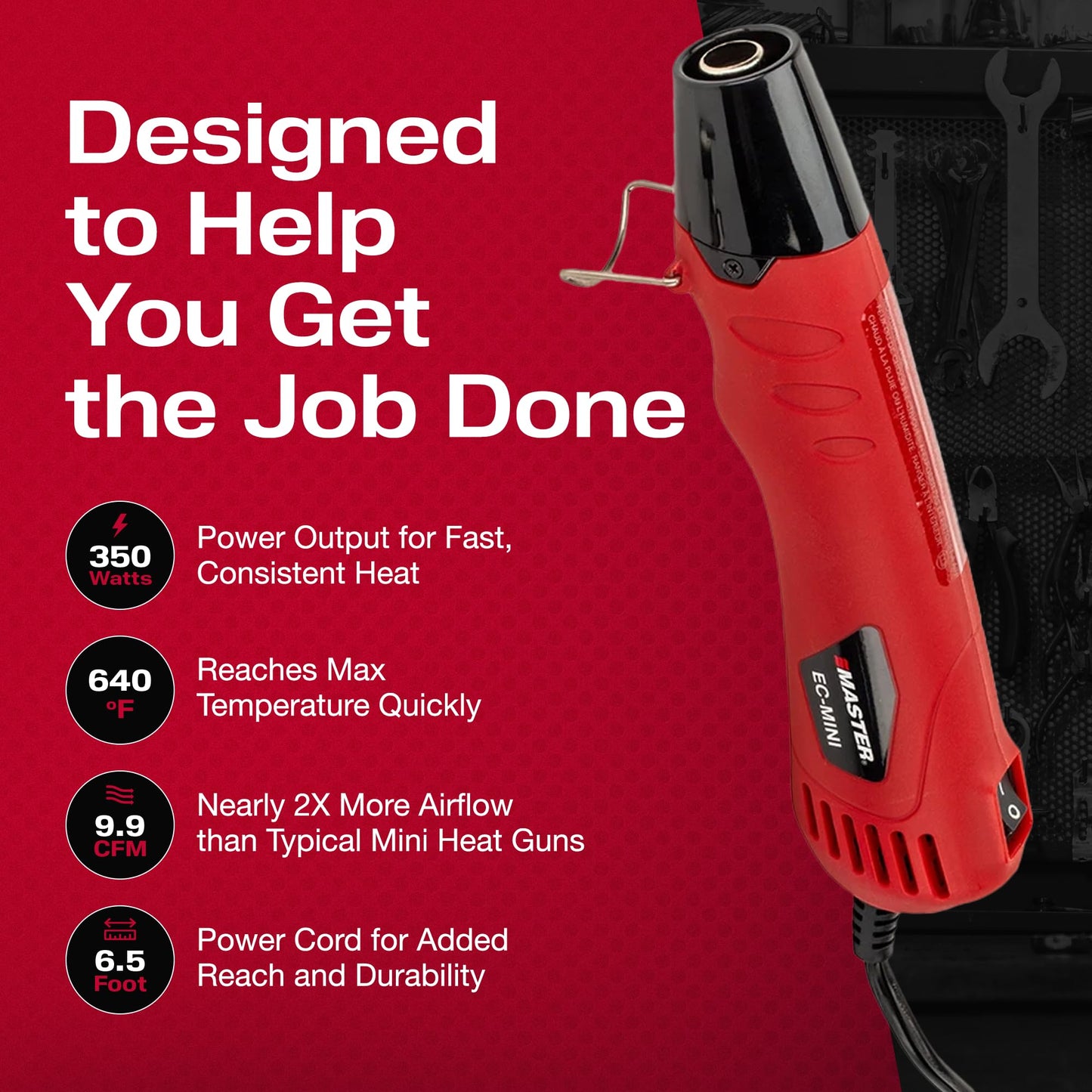 Master Appliance EC-MINI Heat Gun for Crafts, Shrink Wrap, Heat Shrink Tubing, Wire Connectors, Electrical Connectors, Epoxy Resin, Candle Making Heatgun, Embossing Hot Air Gun w/Heat Shrink Reflector