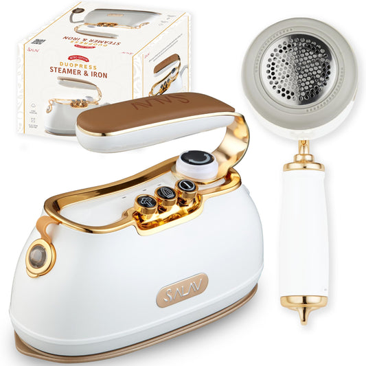 SALAV Retro Edition Duopress Steamer and Iron and Fabric Shaver and Lint Roller Bundle, Pearl