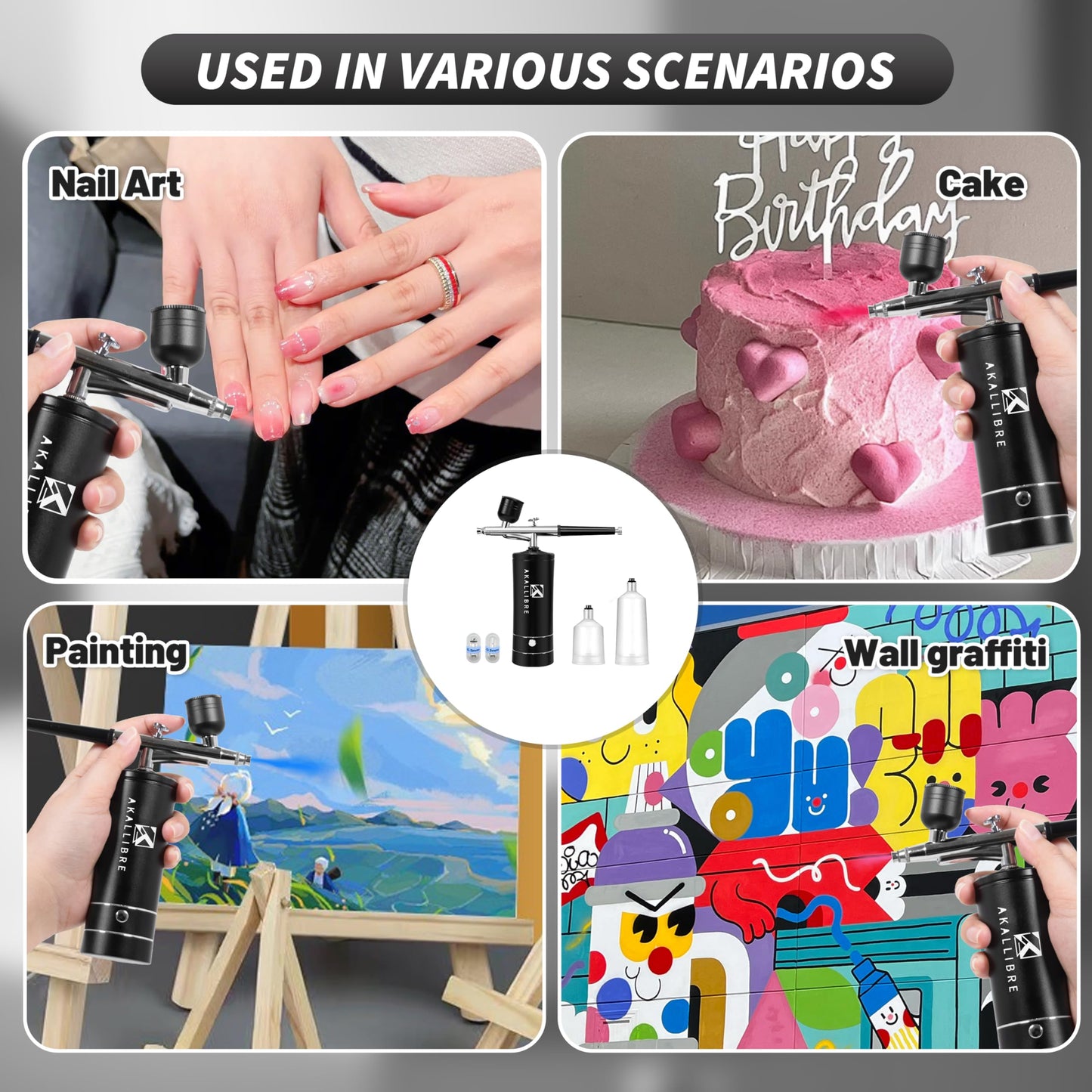 AKALLIBRE Airbrush Kit with Compressor, 48PSI High-Pressure Non-Clogging Airbrush Gun with 0.2/0.3/0.5mm Nozzles, Portable Airbrush for Nails Art, Cake Decoration, Painting etc. (Black)