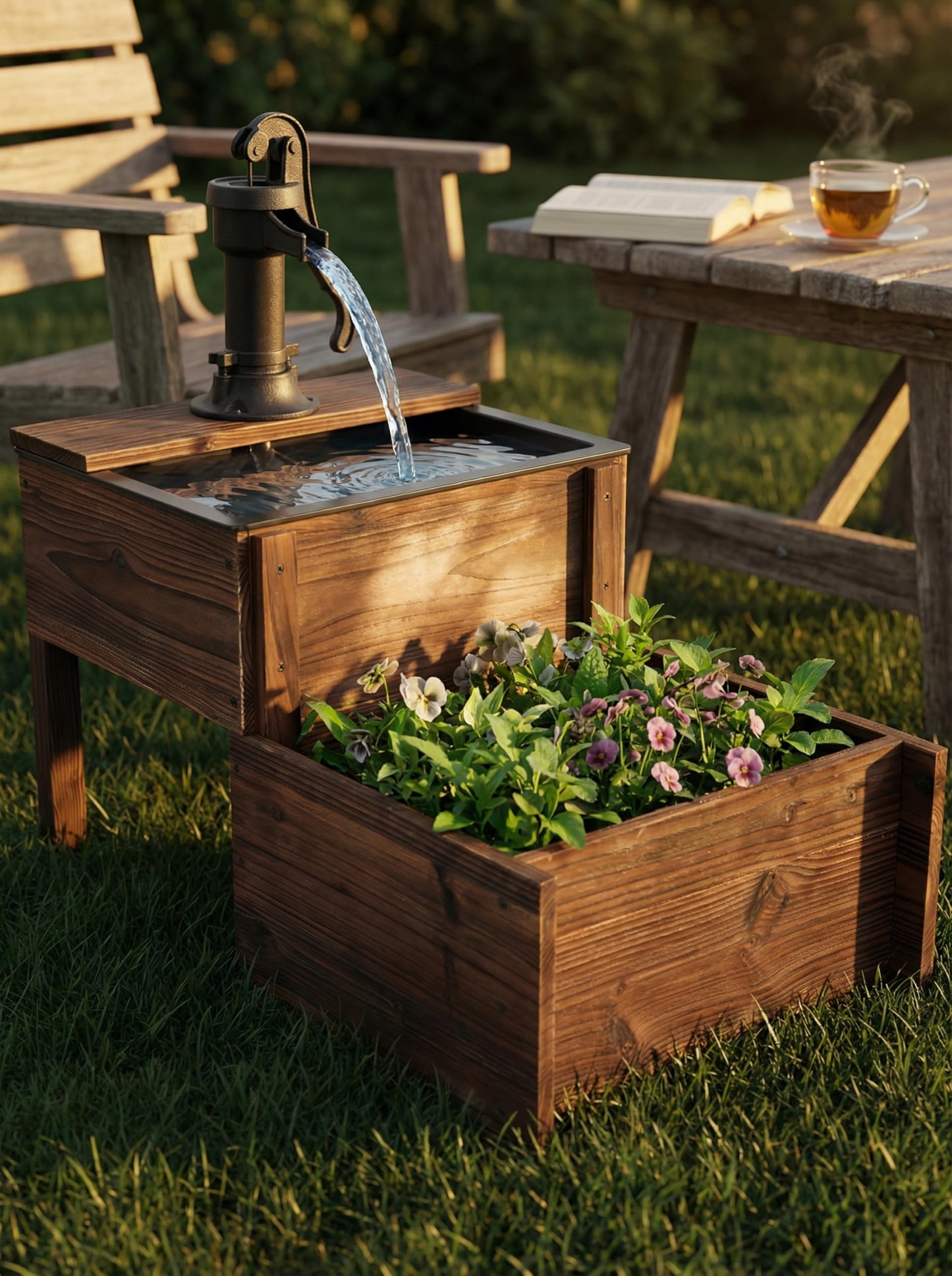 Borsynium,Outdoor Water Fountain，Floor Wooden Rectangular Double-Layer Old-Fashioned Pump Fountain with Flower Box，Plug-in Electric Decorative Hand Pump,Outdoor Water Feature for Garden Patio Backyard