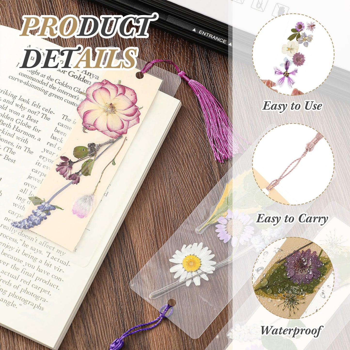 Fuyoooo 376 Pcs Dried Flower Bookmark Making Kit, DIY Bookmark Laminating Pouches with Tassels and Puncher, Handmade Craft Kit for Women, DIY Gifts for Book Lovers (Purple,2 x 6 Inch)