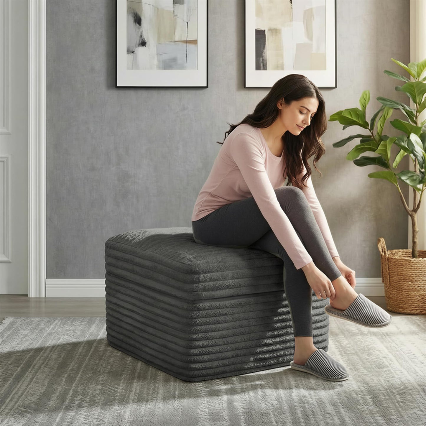 Fabulcozy 23.6in Pouf Ottoman, Corduroy Ottoman Foot Rest with Dual‑Layer Support, Large Poofy Pouf with Soft Chunk‑Foam Top & Firm Foam Base, Floor Foot Stool for Living Room, Dark Grey