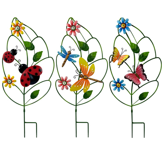 Metal Garden Stakes Set of 3 - Leaf Shaped Plant Support with Butterfly, Dragonfly & Ladybug, Whimsical Yard Art Garden Decorations for Outdoor Lawn Patio Pathway