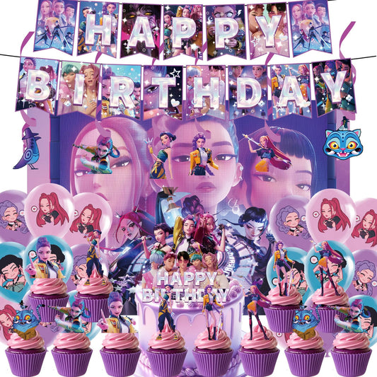 51 Pcs Cute Cartoon Birthday Decorations, Demon Anime Hunter Birthday Party Decorations, Includes 1 “Happy Birthday” Banner, 6 Spiral Garlands, 18 Latex Balloons, 1 Cake Topper, and 24 Cupcake Toppers