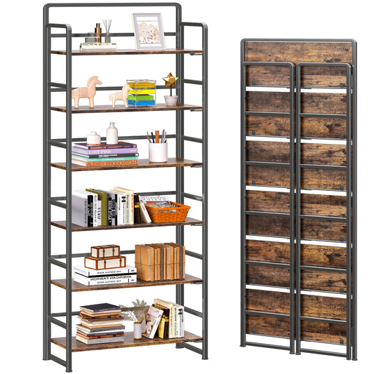 4NM No Assembly 6 Tiers Folding Bookshelf Storage Shelves Vintage Bookcase Standing Racks Study Organizer Home Office (Rustic Brown Black)