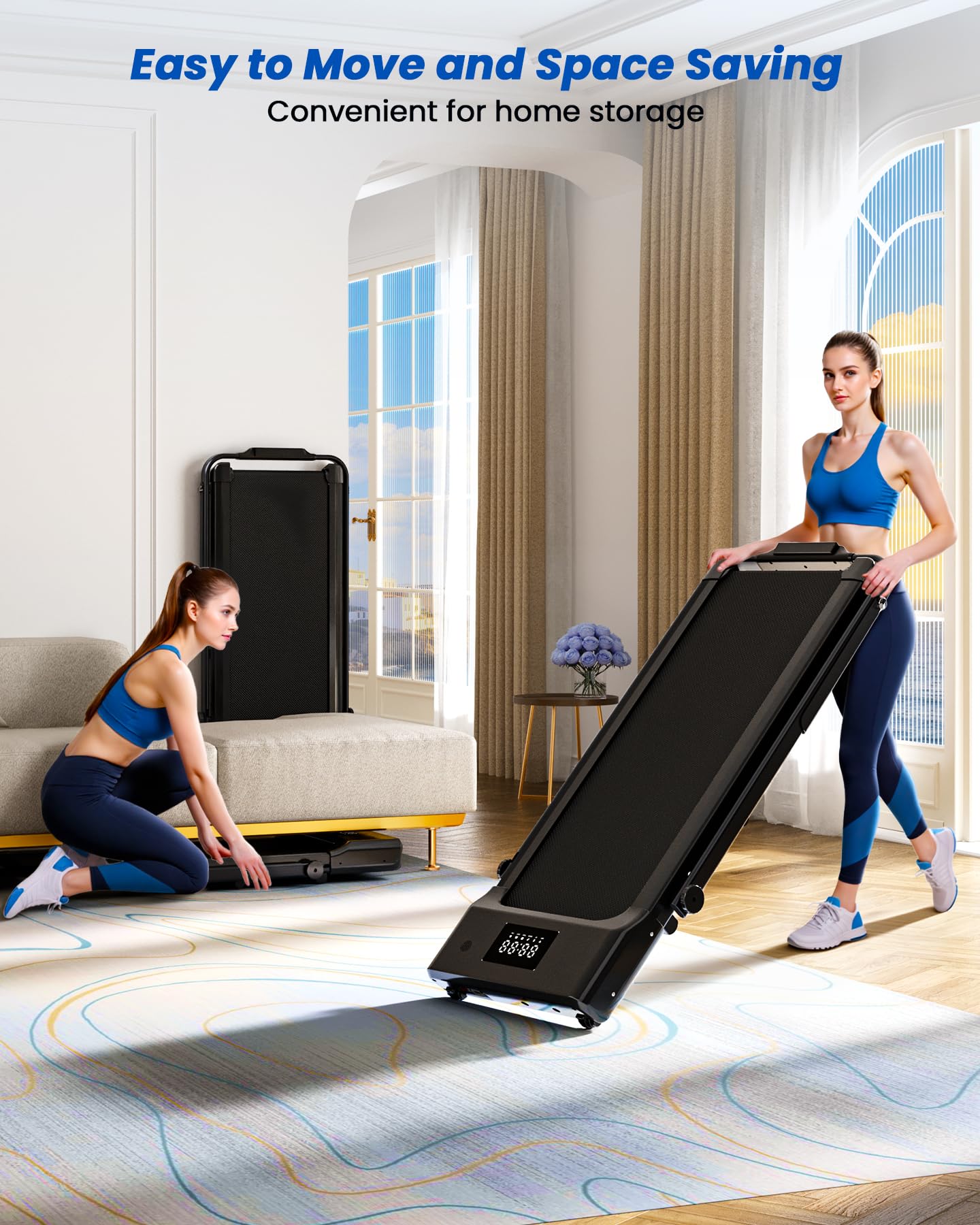 DeerRun Foldable Walking Pad Treadmill for Home & Office, Under Desk Walking Pad Treadmill with 9% Manual Incline and Handlebar, 0.6–7.5 MPH, 300 lb Capacity, App & Remote Control