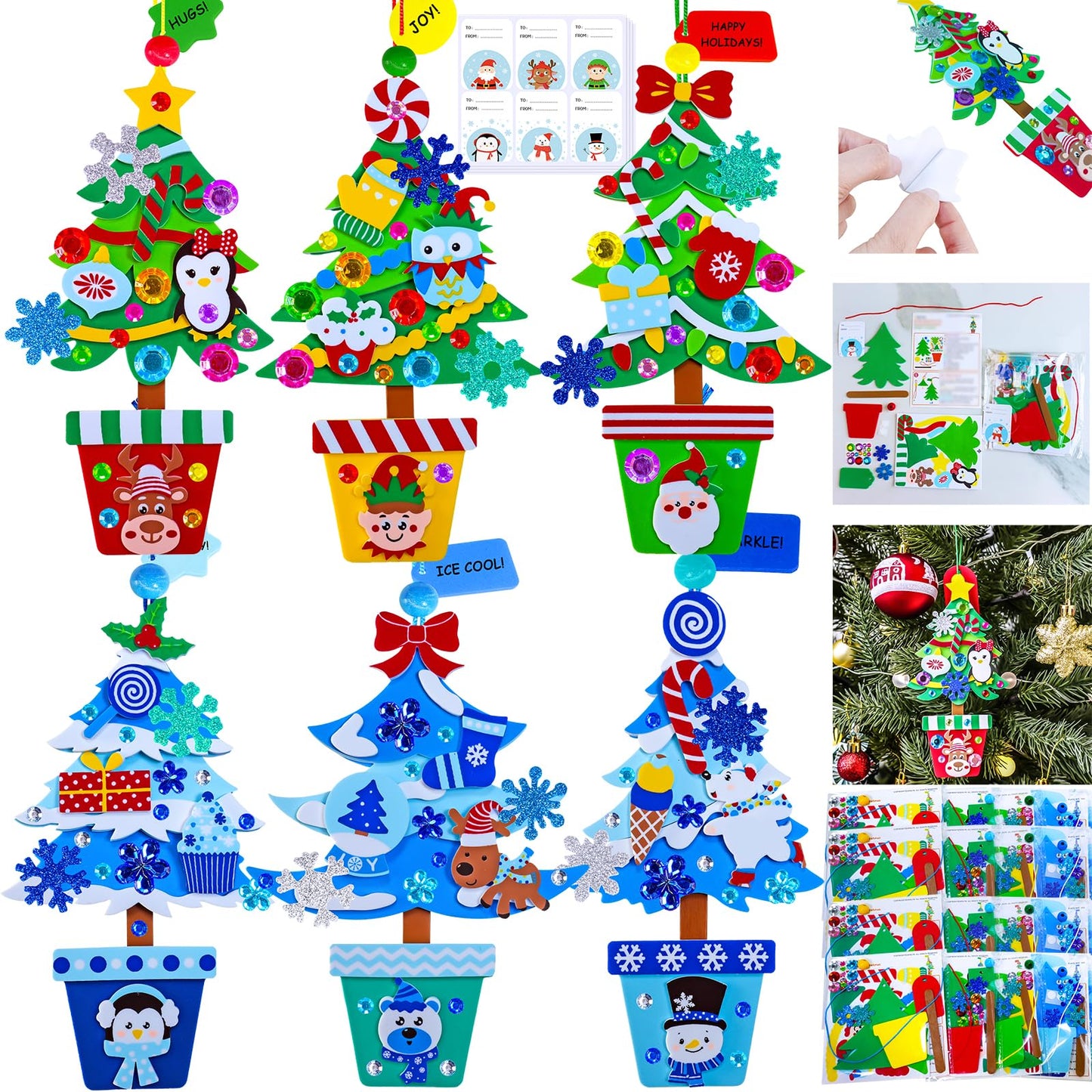 Winlyn 24 Sets Winter Decorations DIY Potted Pine Tree Ornaments Christmas Craft Kits Foam Tree with Festive Foam Stickers for Kids Holiday Seasonal Gift Home Classroom Activities Party Favors