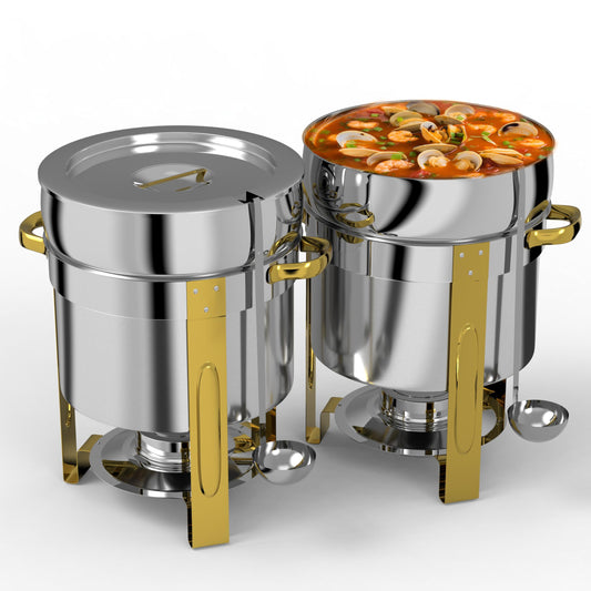 Soup Chafer for Buffet 2 Pack, 11QT Round Soup Warmers Set Stainless Steel Buffet Food Warmer Set for Catering Events Parties Dinners with Complete Set,(Gold and Silver)