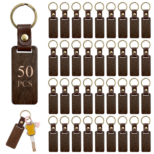 50 PCS Leather Keychain Blanks,Wooden Keychain Blanks with Leather Straps,Unfinished Engravable Key Tags for Laser Engraving,Personalized Gifts,Wedding Favors,Crafts, DIY Bulk Key Chain,2.6 x1.1Inch