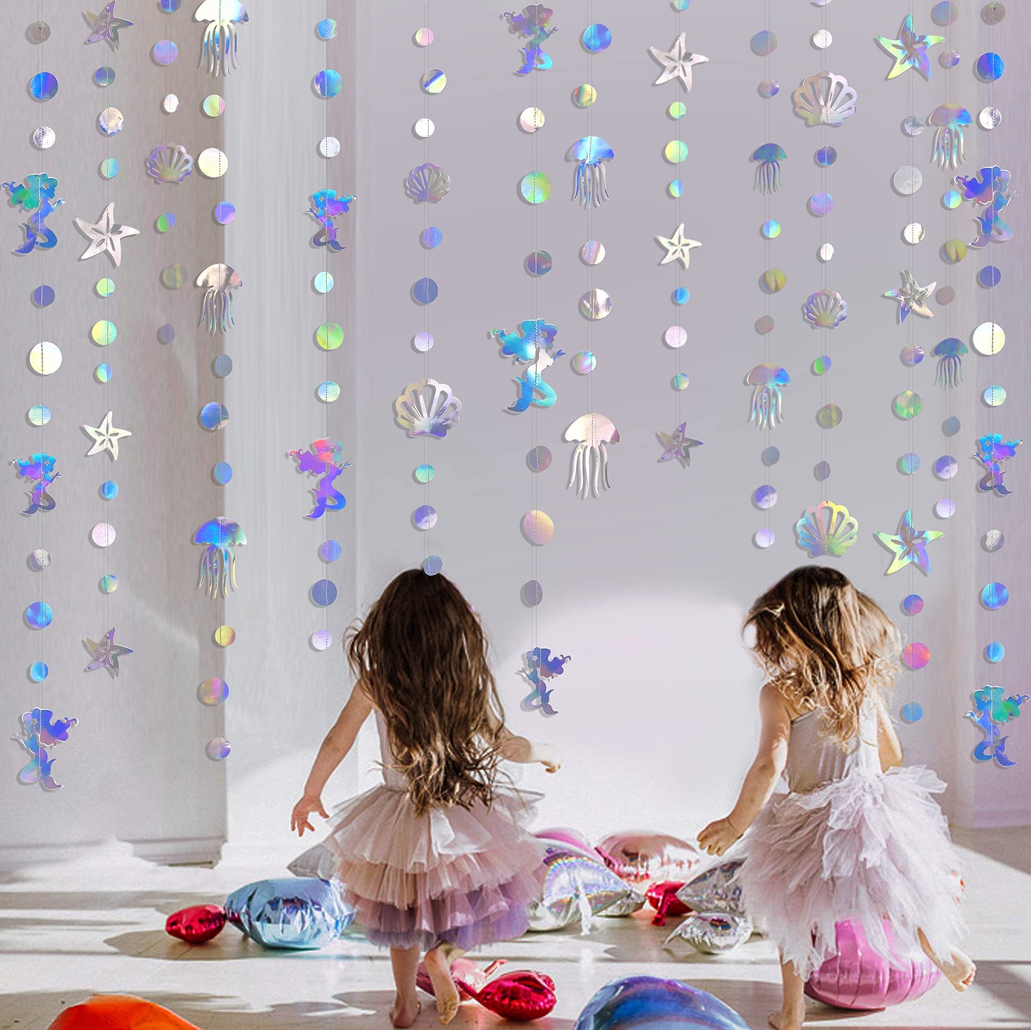 40 Ft Iridescent Mermaid Garland with Jellyfish Seashell Starfish Pearl Holographic Paper Streamer for Little Mermaid Rainbow Theme Birthday Bachelorette Baby Shower Under the Sea Party Decorations