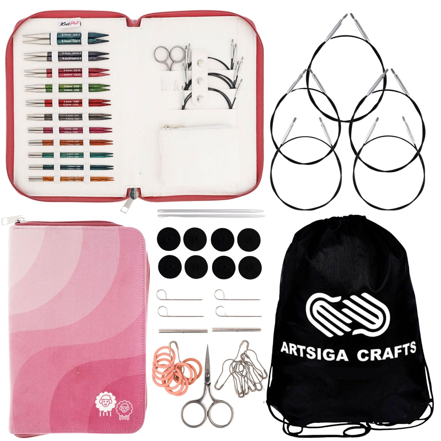 KnitPro Dreamz Regal Set 4 inch Circular Knitting Needles Size 2.5, 3, 4, 5, 6, 7, 8, 9, 10, 10.5, 11 Interchangeable, 5 Cables, 8 Caps, 4 Keys, 2 Connectors, Fabric Case with Project Bag