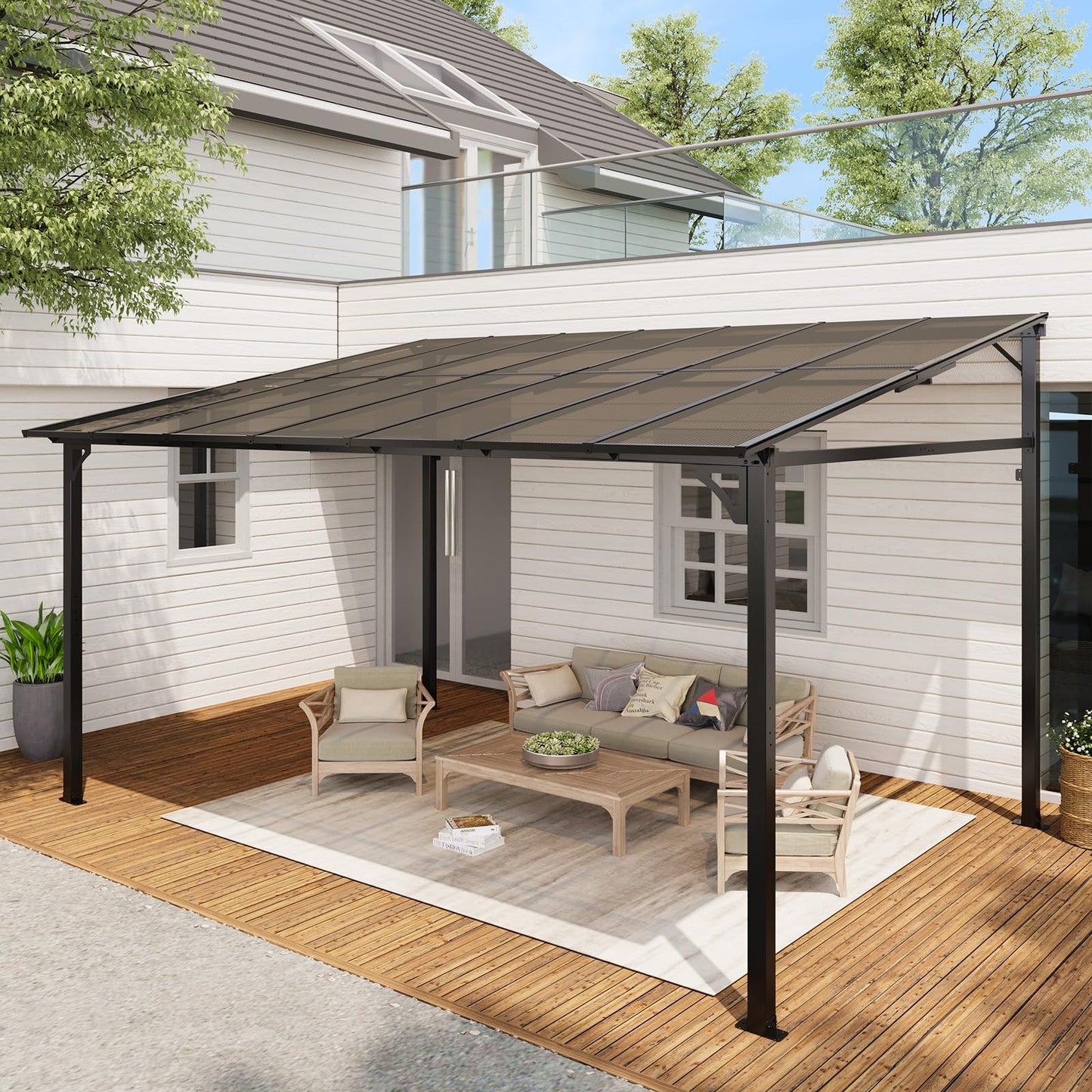 10x14FT Lean to Gazebo, Heavy-Duty Wall-Attached Gazebo with Sturdy Steel Frame, Hardtop Metal Pergola with 6mm Anti-UV Polycarbonate Roof & Pre-Drilled Post Bases, Patio Canopy for Backyard, Deck