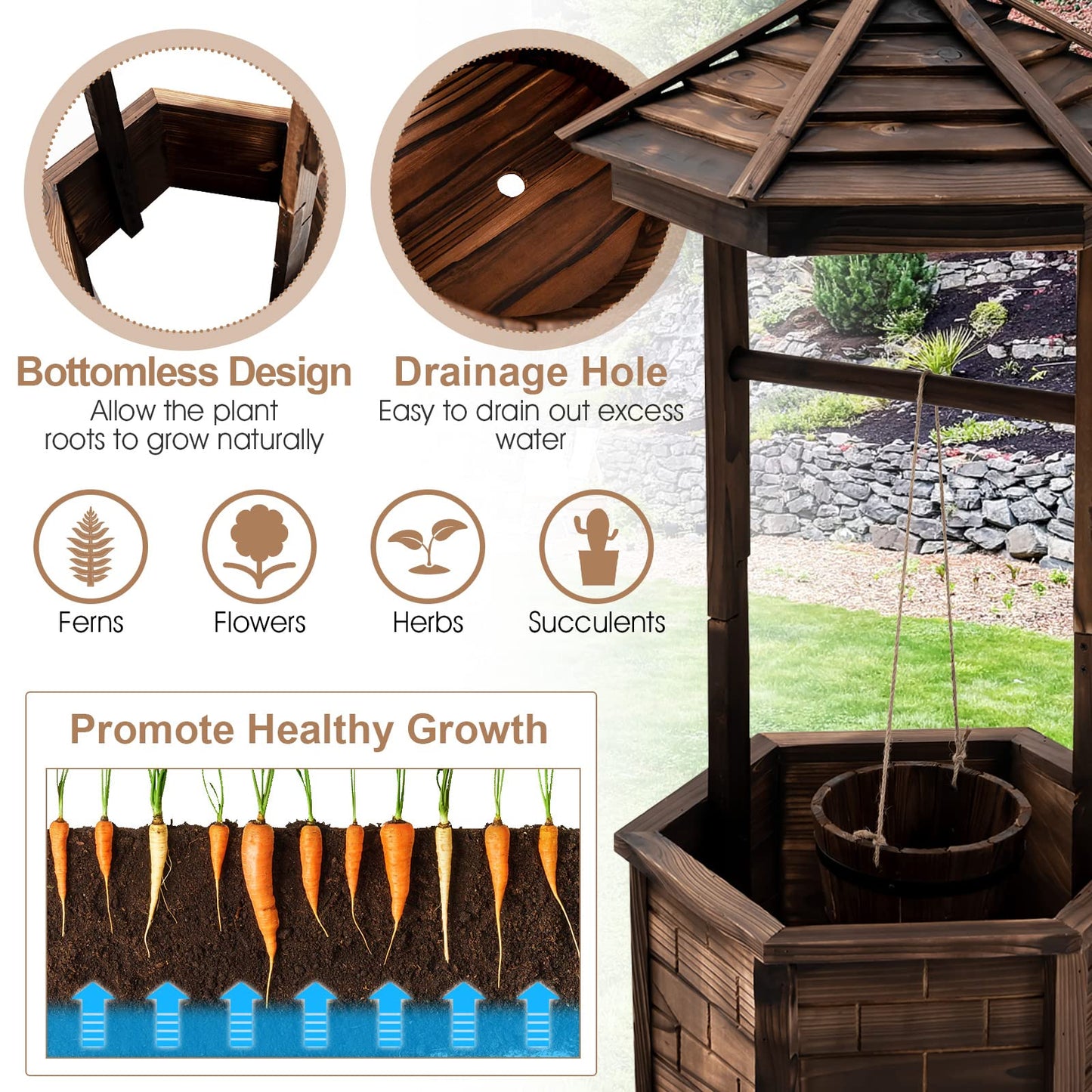 Giantex Rustic Wooden Wishing Well Planter with Hanging Bucket, Roof Shadow, Reinforced Rod, Wishing Wells for Outdoors Backyard Patio Garden Outside Decor