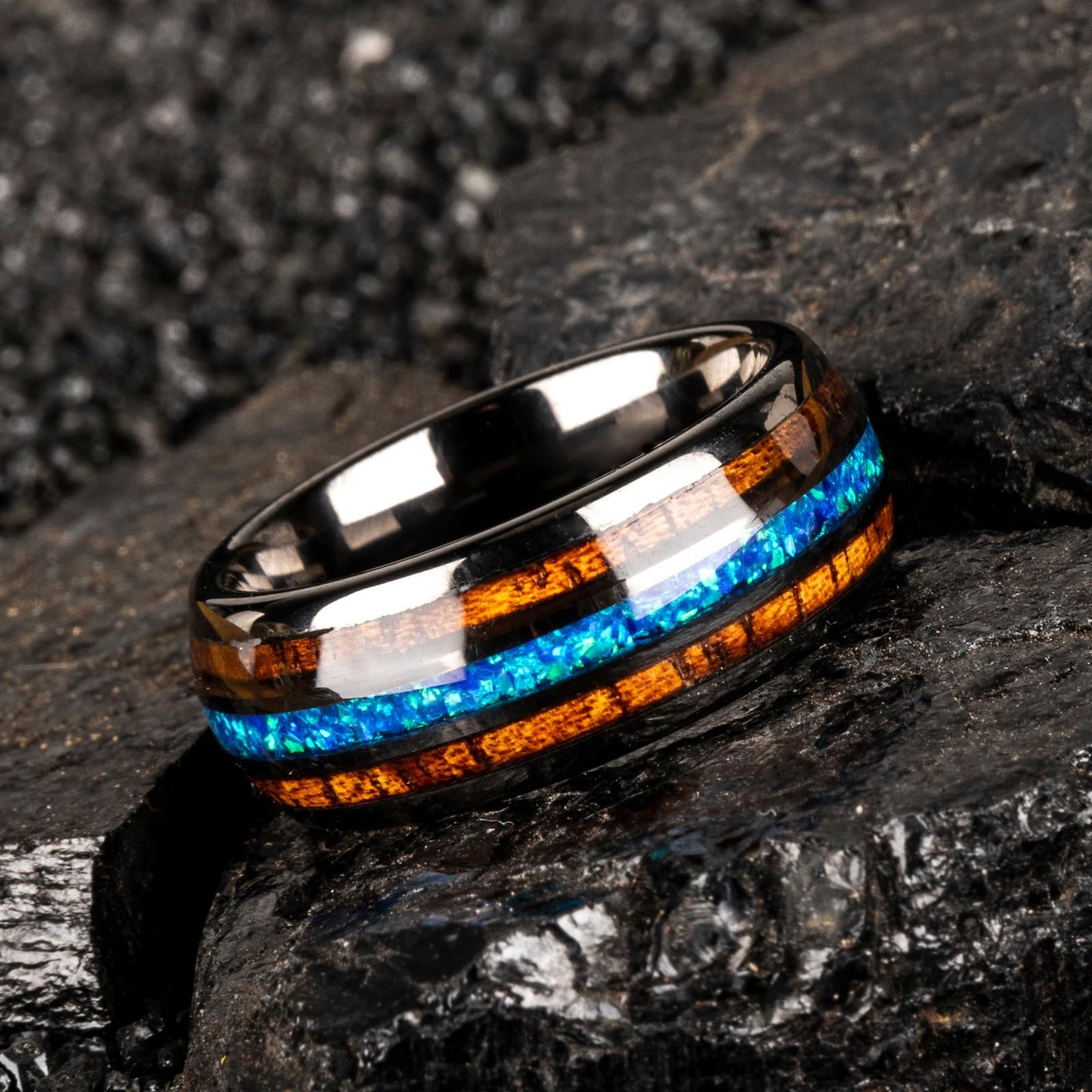 JEWPER 8mm Men Womens Wedding Band Tungsten Rings dark gun black Fashion Promise Carbide Inlaid blue opal koa Matte Finish Edge Comfort Fit Size(10)