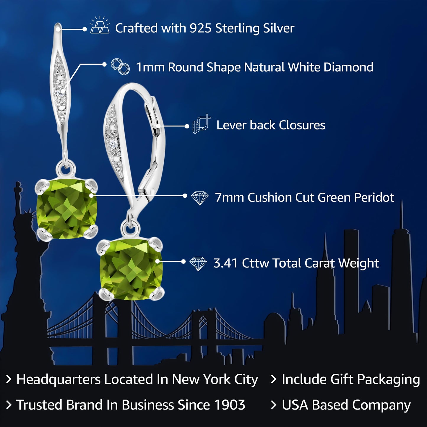Gem Stone King Drop Dangle Earrings For Women | 7MM Cushion Cut Gemstone Birthstone and Diamond | 925 Sterling Silver | Jewelry Gift for Mom Wife Her | Peridot-August | Sterling Silver