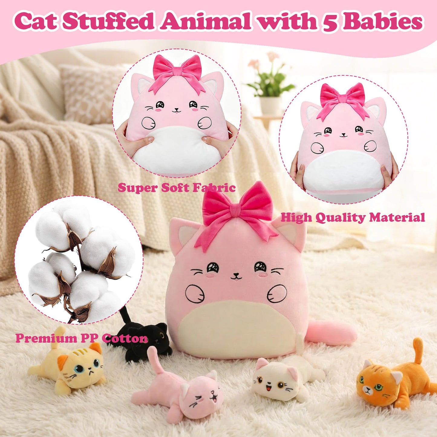 Cat with 5 babies Stuffed Animals - 15 Inch Cats Mommy with Small Babies Plush Inside 6-Piece Cute Realistic Cat Plushies Machine Wash Interactive Adopt Toy Toddler Girls Boys 0-8 Kids Birthdays Gift