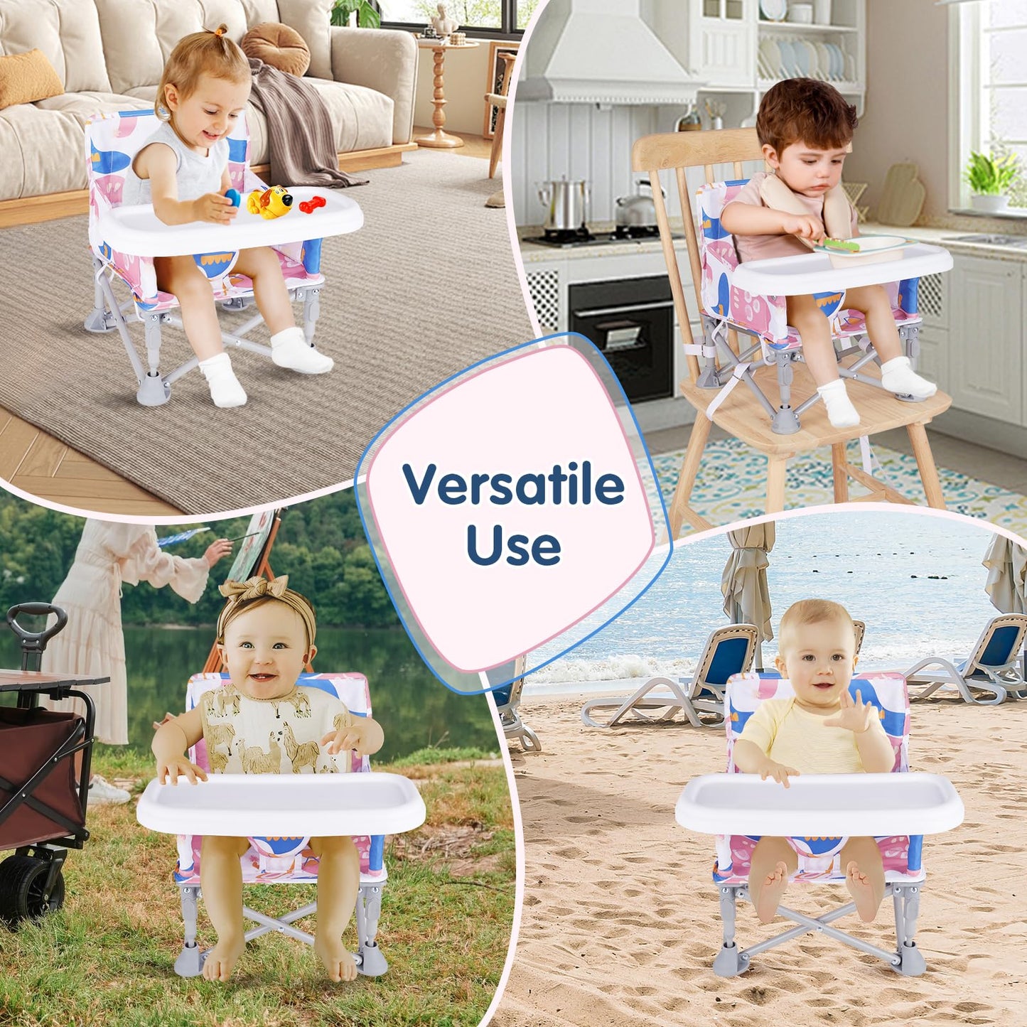 Furmubei Portable Baby Booster Seat with Tray, Toddler Booster seat for Dining, Camping, Travel, Baby Beach Chair 6 Months to 3 Years Old Indoor Outdoor Use CH2408