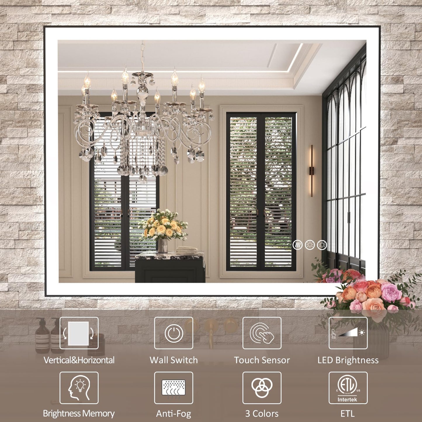 Amorho 48" X36" LED Bathroom Mirror with Black Frame, Front Light and Backlit(Controlled Separately), Stepless Dimmable, Anti-Fog, Shatter-Proof, 3 Colors, Memory