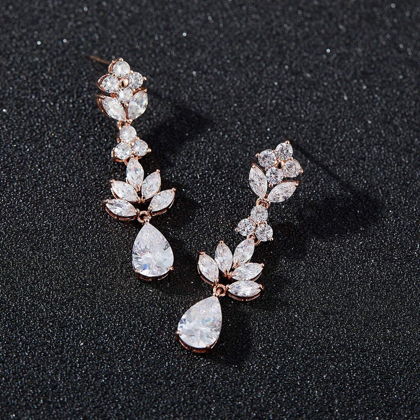 SWEETV Rose Gold Teardrop Wedding Earrings for Brides Birdesmaid, Crystal Cubic Zirconia Bridal Drop Earrings for Women Prom, Silver