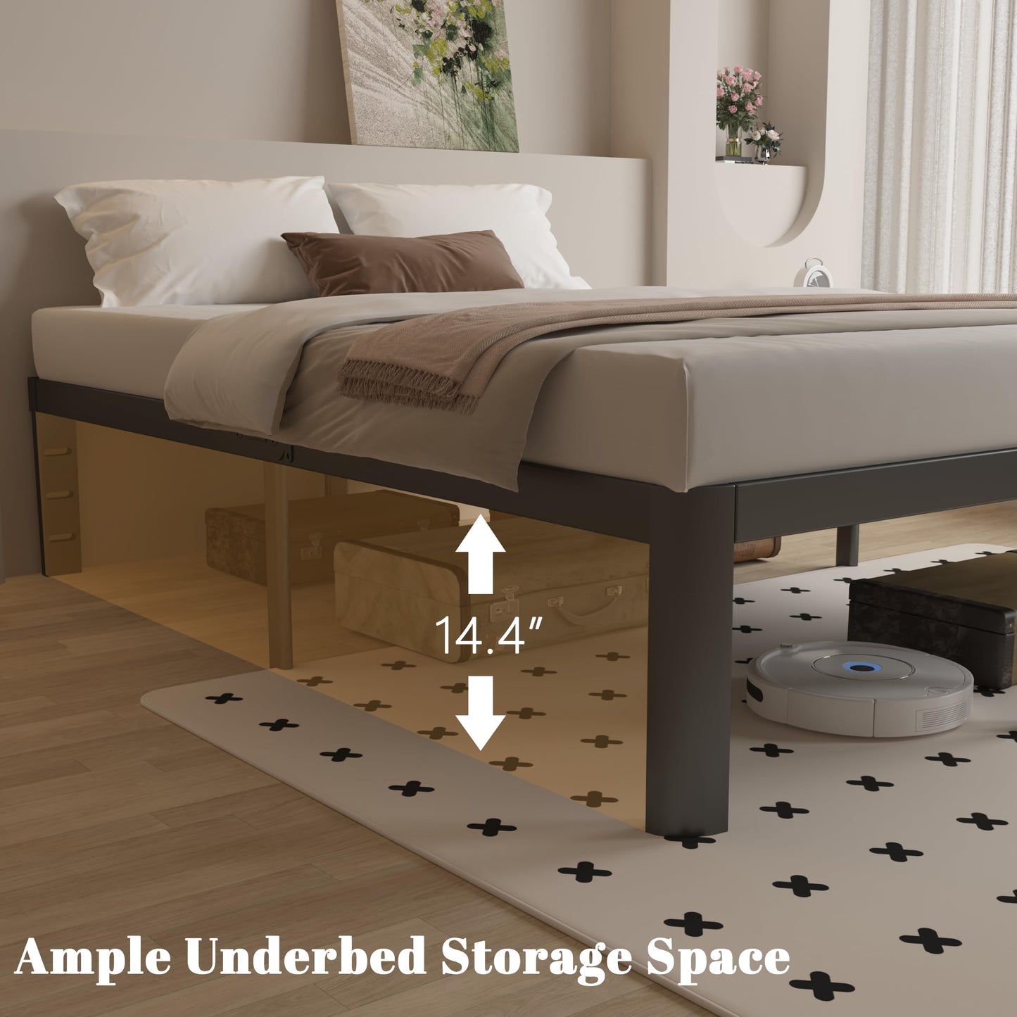 KOSOSO 16 Inch Bed Frame Queen Size with Metal Gaskets, Black Queen Platform Bed Frame No Box Spring Needed, Heavy Duty Steel Support, Round Corner Design, Storage Space, Noiseless, Easy Assembly